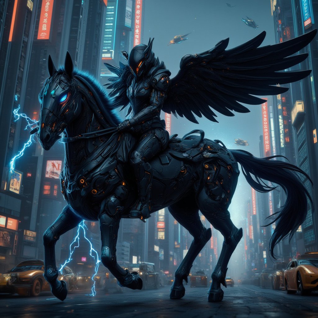 Cyberpunk-style knight on a cyborg horse, digital art. Sleek black cyber-suit with glowing neon blue accents. Imposing black helmet with tinted visor, displaying holographic HUD. Mechanical wings on the back, folded, made of black carbon fiber with exposed circuitry. The cyborg horse is a fusion of organic and mechanical parts, with visible hydraulics and armor plating. Neon lights trace the horse's muscular structure. The knight wields an energy lance, crackling with electricity. Urban night backdrop with towering skyscrapers and flying vehicles. Rain-slicked streets reflect neon signs. Atmosphere is gritty and high-tech. Hyperdetailed textures on the armor and horse's cybernetic parts. Color palette dominated by blacks, silvers, and electric blues. Dynamic pose, suggesting movement and power. Lighting emphasizes the contrast between shadow and neon glow.,Angelic Knight,F-GVA Armour Suit