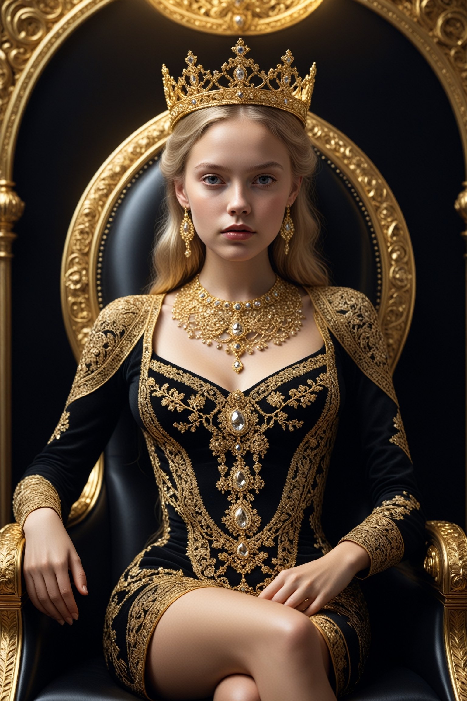 1girl,nordic girl, very beautiful queen, sitting on a black throne made of gold,intricate details, dramatic lighting, hyperrealism, photorealistic, 