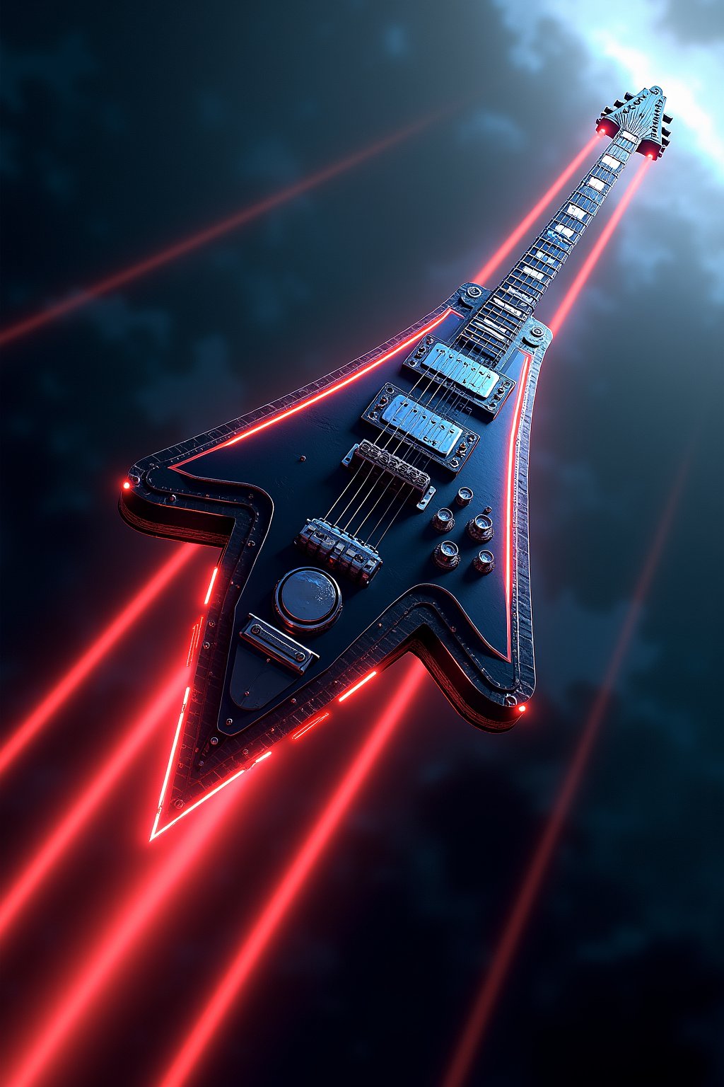 A colossal spaceship shaped like a Flying V electric guitar, rocketing through space at near-light speed. The ship's body gleams with polished chrome and black metal. Red-hot energy pulses along the fretboard, resembling laser strings. The headstock houses the bridge, with six massive warp drive engines glowing intense blue. A trail of multi