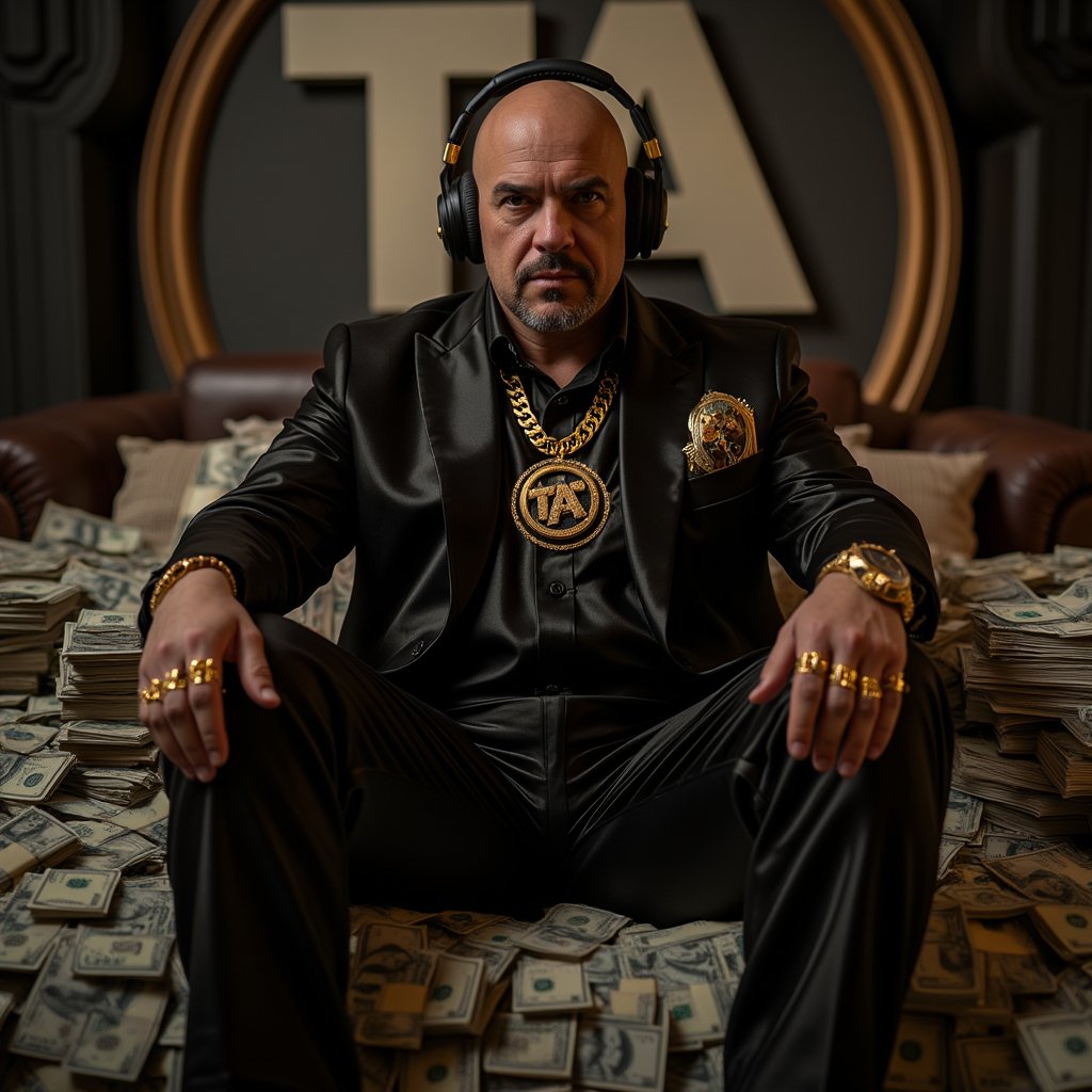 A sinister, wealthy man sitting on a large pile of cash. He is dressed in an impeccably tailored, luxurious suit with a dark, glossy finish, adorned with gold accents. Around his neck hangs a thick gold necklace, and his fingers are adorned with several oversized gold rings. A golden luxury watch gleams on his wrist. On his lapel, there's a badge with the initials 'TA' engraved in fine detail. He wears large, sleek headphones, his expression cold and calculating, adding to his menacing aura, contrasting with the lavishness of his attire.",livingroom,ta_logo,tensorart_logo,The words "Tensor Art" are written on the wall behind