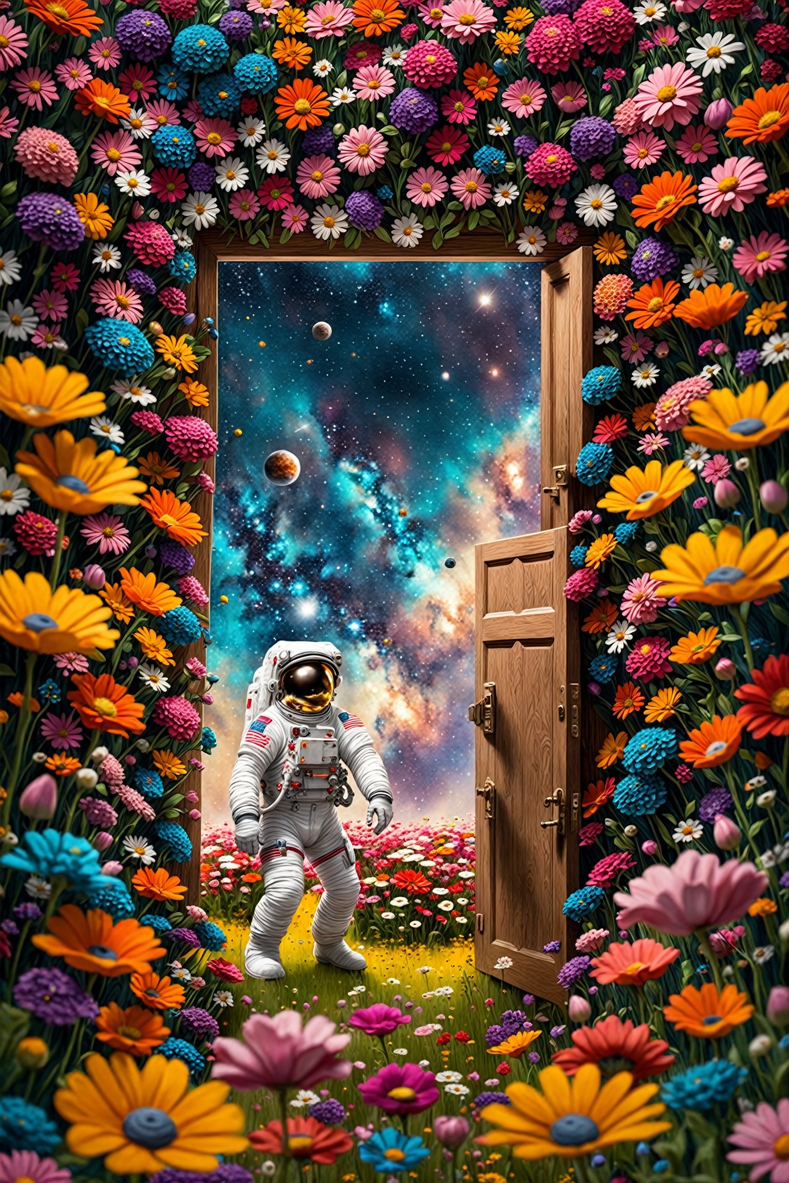 a beautiful flower field, with vibrant blooms stretching as far as the eye can see,Person on the other side of the door, Astronaut,
Nestled among the flowers is an unexpected sight a wooden door, clearly made of lightweight material like cardboard or balsa wood, standing upright amidst the blossoms. Despite its humble construction, the door is adorned with intricate carvings and painted with vivid colors, adding to its whimsical charm,astronaut_flowers