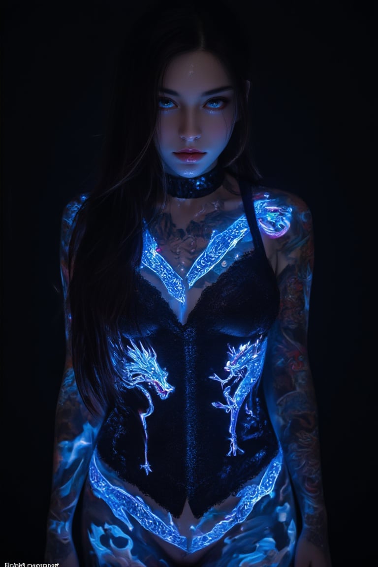 A mysterious gothic emo girl, her long black hair cascading down her pale skin like a black waterfall. Her piercing blue eyes seem to penetrate your heart. Her nose ring sparkles in the dim light. She wears an intricate black lace corset adorned with glowing Japanese-style tattoos that seem to pulsate with otherworldly energy. A blue dragon tattoo wraps around her entire body, intertwined with other luminous designs to make her look almost alive. Tattoo Male, FluxBoost, lightPainting,goth girl