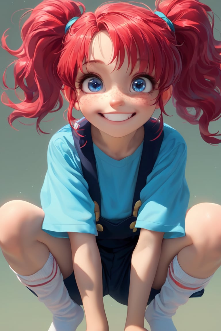 1 little girl,9 yo,Pippi Långstrump,Adorable,energetic and adorable girl with bright red hair tied in pigtails. A face full of freckles, sparkling blue eyes, a big smile, an oversized blue shirt hanging loosely, long socks with suspenders of different colors on each side, and an energetic pose. The sunlit background suggests a carefree summer day. Vibrant color palette. Expressive manga style with detailed textures