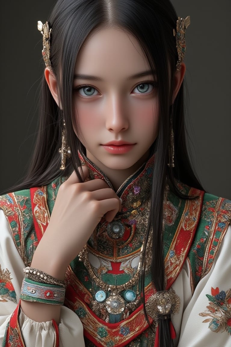 Super detailed, super realistic, beastly,beautiful Nordic girl,
 wears old folk costume, long straight black hair, Yakuts folk costume,(beautiful blue eyes), almond eyes, intricate textile decorated with colorful and intricate geometric patterns, arm ornamentation, decorative embroidery.
Beautiful crystal blue eyes, almond eyes, intricate fabrics decorated with colorful and intricate geometric patterns, clothes in earth colors such as White red and green,,aw0k euphoric style, ,perfect likeness of TaisaSDXL,dal,ct-identityV2,Adrr-tsfft