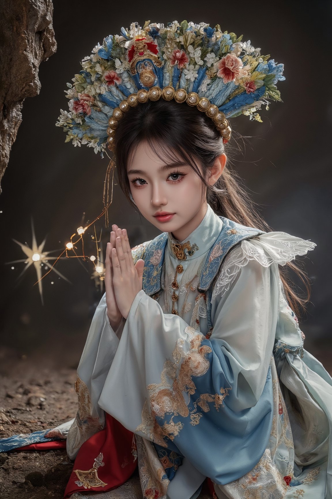 
 anime-style illustration, Little girl, dressed as a Central Asian priestess,colorful Clothes, combining elements of an oracle and a Taoist sorceress. She wears a traditional Central Asian priestly robe adorned with intricate symbols and embroidery, while a Taoist-style hat rests on her head. Her expression is serene yet mystical, as she appears deep in thought or perhaps casting a fortune. The scene is set within a dimly lit cave, where the shadows dance across the walls, hinting at a deeper, ancient magic hidden within the cavern,Sitting on the ground, praying scene,dal style,Made in abyss manga,Adrr-tsfft