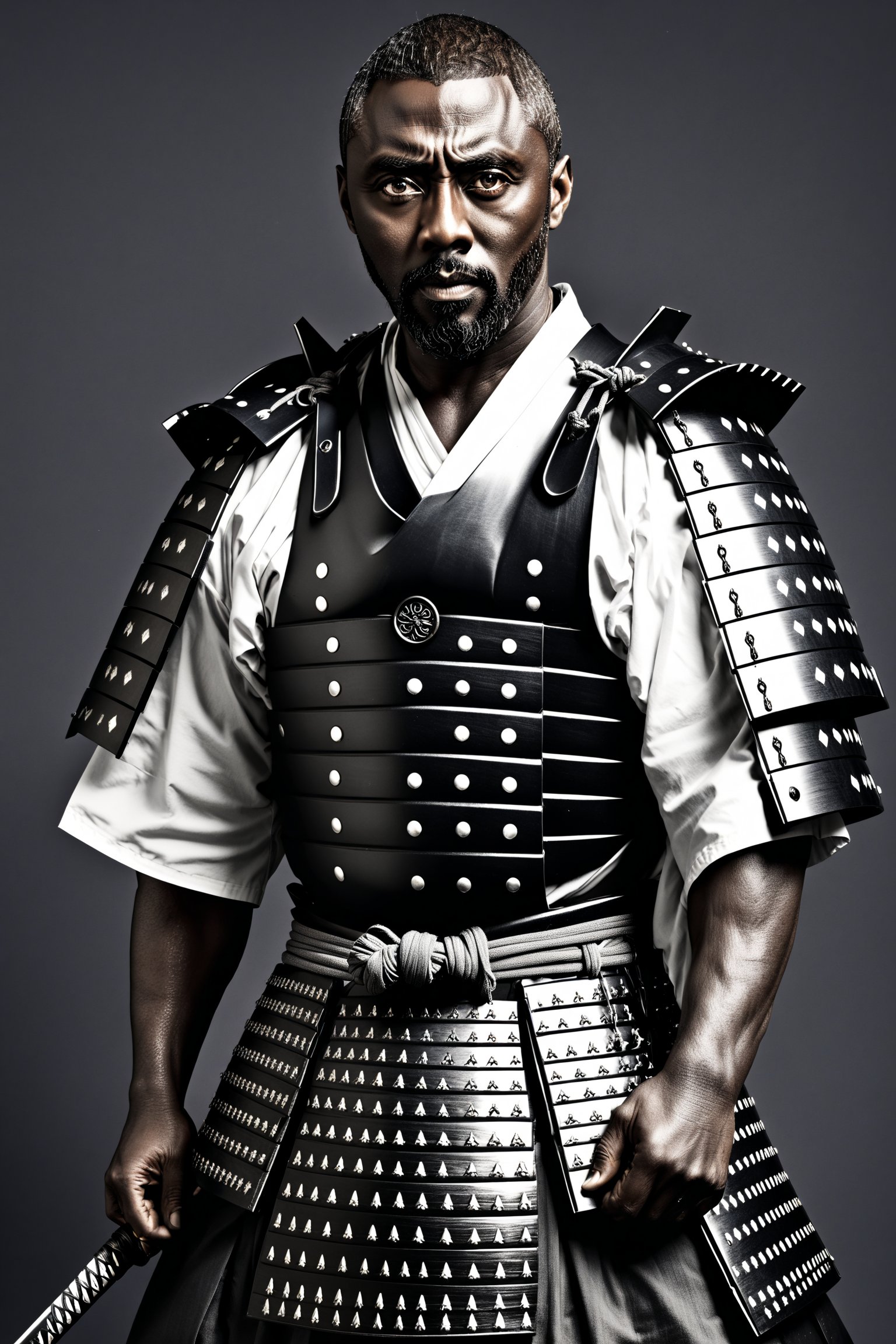 ((1man)),(Idris Elba),Real Photo, monochrome Photo,
, wearing samurai-style armor,mysterious narrow and captivating eyes, traditional Japanese armor reminiscent of a samurai, and a hakama.
Dark skin, open chest, beautiful collarbones,,warrior,samurai,emo,Realistic Blue Eyes,BBM