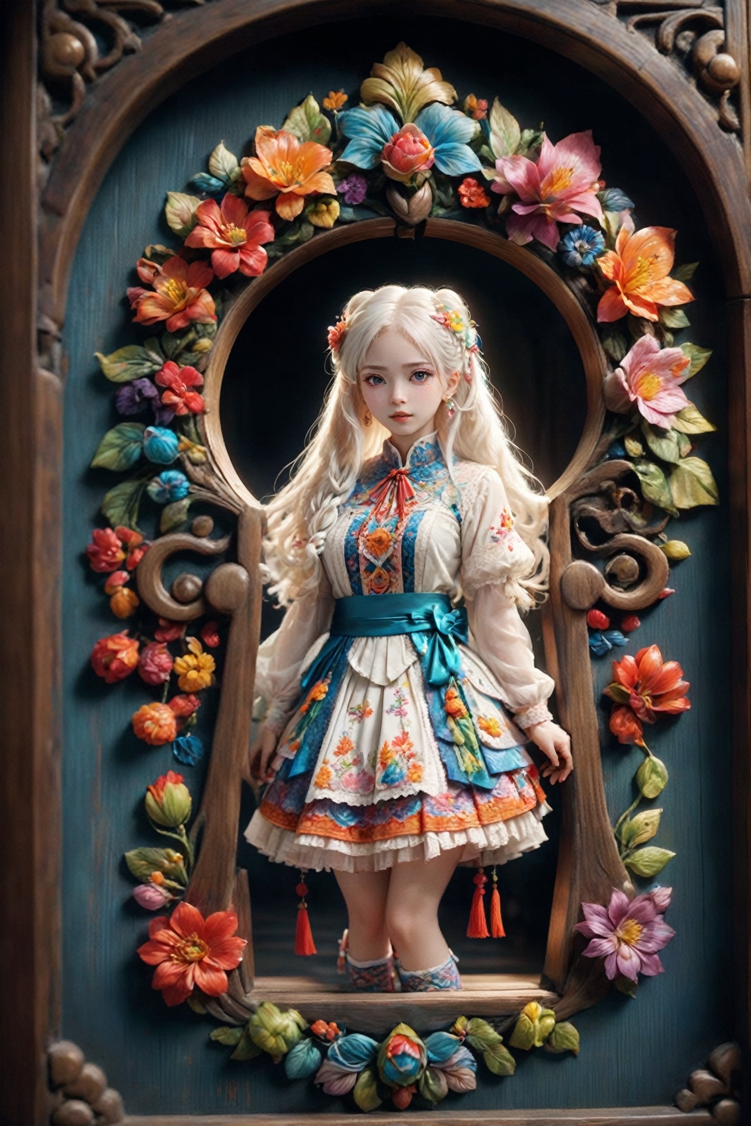 ((Screen through the keyhole:1.2)), Realistic anime,Albino Nordic girl,Pure white long Pigtail hair,((depth of field))､
Picture a mesmerizing fusion where the rich heritage of Hmong ethnic attire, intertwines with the enchanting world of Lolita fashion, The garment, a visual symphony, showcases vibrant cross-stitch patterns reminiscent of Hmong craftsmanship, meticulously stitched in an array of colors, dress flows gracefully, embracing the whimsical elegance of Lolita fashion with lace, bows, and layers, creating a harmonious dance of tradition and modernity. Each detail, a brushstroke in this vibrant canvas, tells a story of cultural richness and sartorial fantasy, offering a feast for the eyes that captivates and transcends genres,Flower queen,Extremely Realistic,DonMK3yH0l3XL