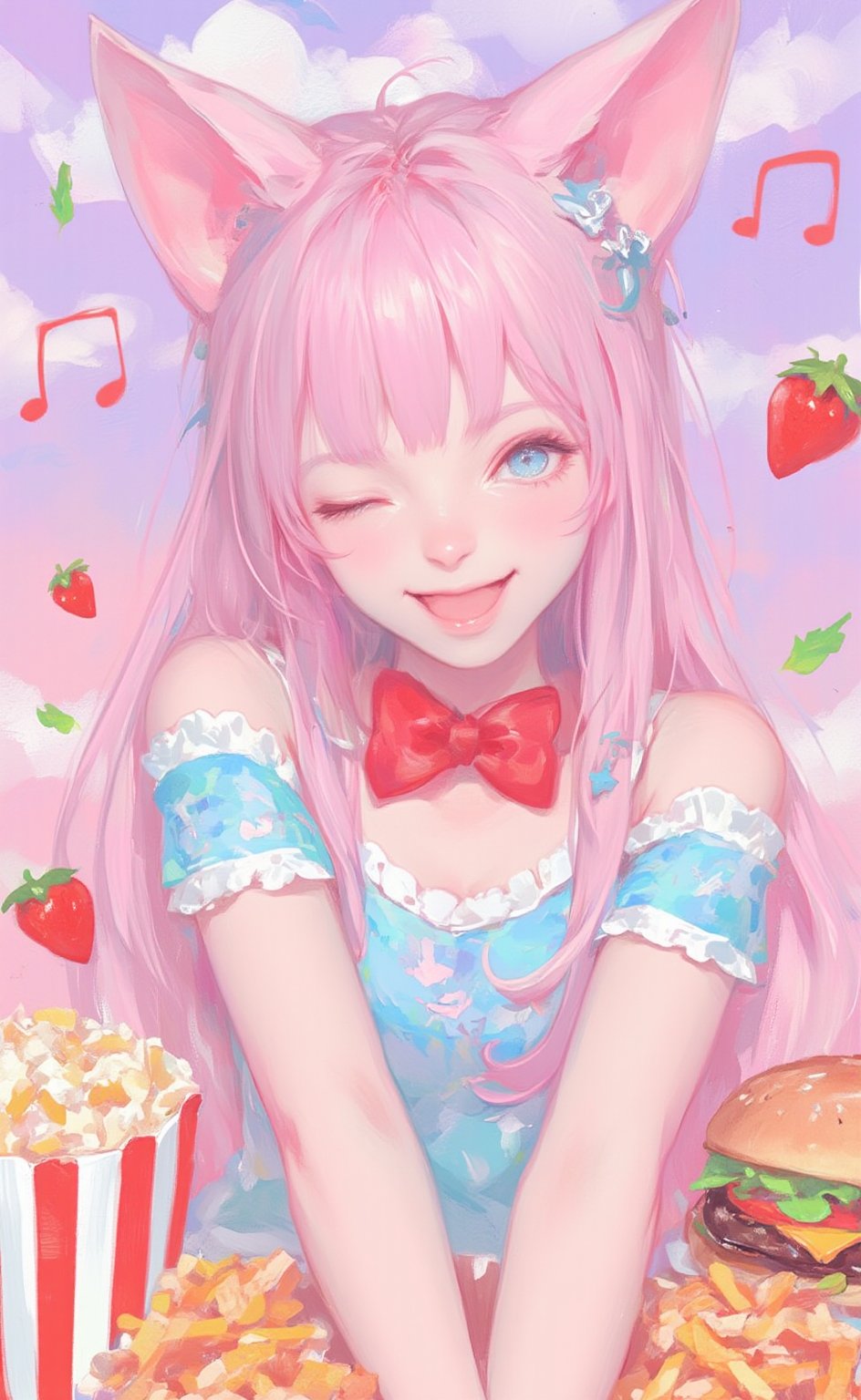 Vibrant colorful anime-style illustration,  cheerful cat girl, long pink hair and cat ears,She's winking and sticking out her tongue playfully. Wearing a light blue and white outfit with red bow tie,strawberry cake, ice cream cones, and musical notes. Background filled with pastel pink and purple colors. Kawaii style, highly detailed, digital art. Food items floating around: popcorn, fries, hamburger. Playful and energetic atmosphere. Chibi style elements. Sharp, crisp lines. Bright, saturated colors. 2D art style.,dal style,animaport