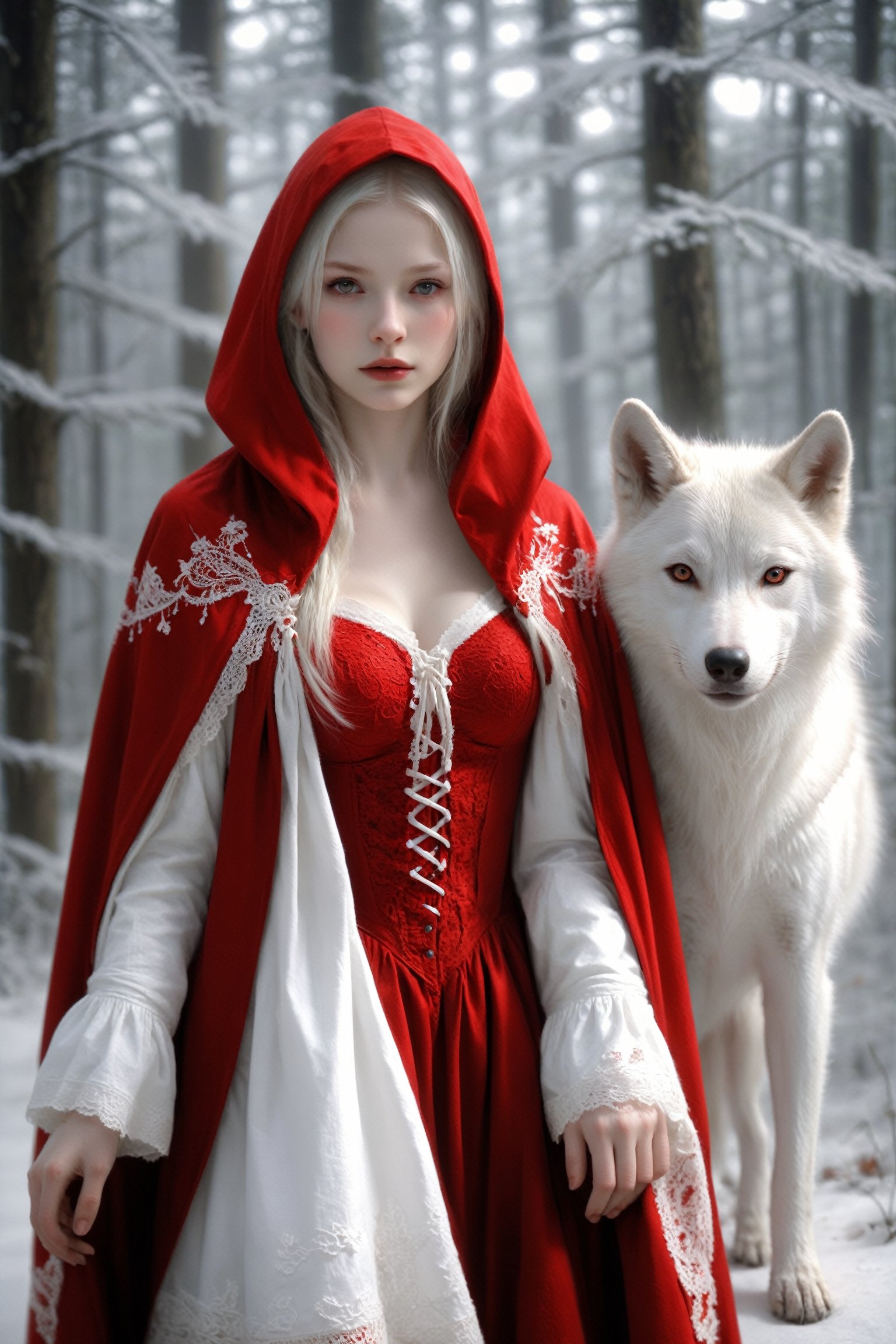 Deep in a magical forest,1 nordic girl, albino Little Red Riding Hood, wrapped in an intricate red cloak decorated with delicate lace, Red Riding Hood,
BRAKE
Pure White Wolf standing by, Gosperson, Dal, Cnd.,InkyCapWitchyHat,niji6