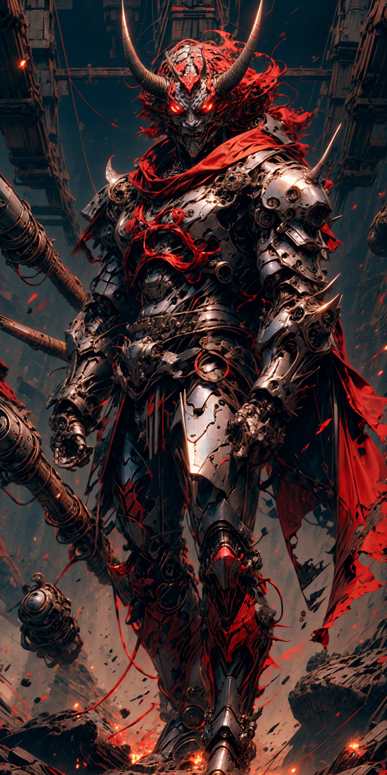 Extreme Detailed,Solo､man wearing Extreme Detailed high-tech Medieval Armor,((oni style))､No human,oni mask,large oni horn,
mechanical high-tech Futuristic Maximillian armour,metallic RED and silver color､full Face armour,combination sallet and bevor helm,full body shot､
,mecha,r1ge