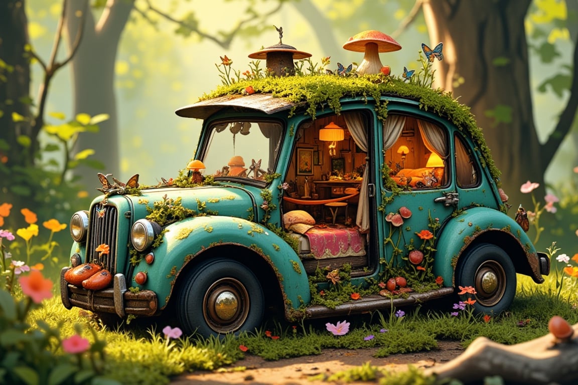 A whimsical fairy house crafted from an abandoned vintage car in a sunlit forest clearing. Moss and colorful wildflowers cover the rusted exterior. Tiny windows cut into doors and hood, curtained with delicate leaves. Toadstool chimney sprouts from the roof. Butterfly wings serve as awnings.

Interior view through windows reveals:
Acorn cap lampshades casting warm glow. Thimble soup pots on twig stove. Matchbox beds with flower petal quilts. Bottlecap table set with dewdrop tea service. Postage stamp paintings on bark-paneled walls. Cobweb hammock in corner. Ladybug ottomans around acorn coffee table.

Spiral staircase made from steering wheel leads to loft bedroom in glove compartment. Dashboard converted to a cozy reading nook with tiny bookshelf. Rearview mirrors become magical scrying glasses