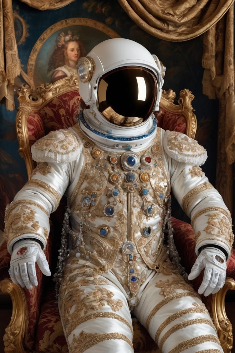 "A man,wearing beautiful 16th-century aristocratic clothing, adorned with luxurious fabrics and elaborate details such as lace, embroidery, and fine jewelry. His head is encased in a modern spacesuit helmet,Astronauts, creating a striking contrast between the historical attire and futuristic headgear. The helmet's visor reflects the opulent furnishings around him, capturing images of chandeliers, ornate tapestries, and richly decorated furniture. The background showcases a grand, lavishly decorated room typical of the Renaissance era, enhancing the surreal blend of past and future elements.",astronaut_flowers