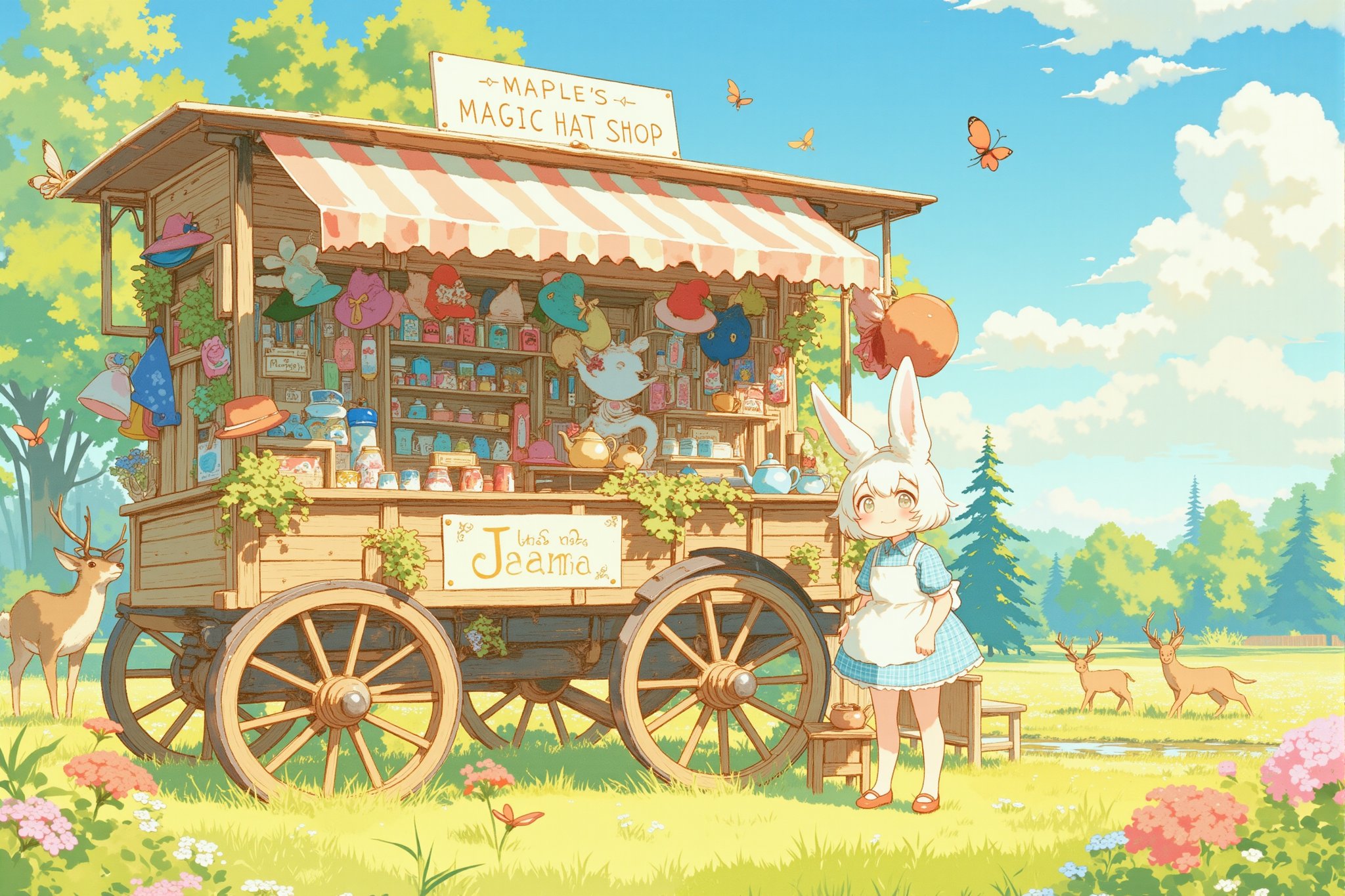 A warm and serene anime-style watercolor illustration. A lush meadow with wildflowers. A vintage wooden wagon converted into a quaint magic hat shop. Soft diffused sunlight creates a dreamy atmosphere.
A cheerful bunny-eared girl with fluffy white ears wears a pastel blue and white gingham apron. She stands behind the counter inside the wagon and smiles warmly.
Whimsical and colorful magic hats are on display, hanging from shelves and the wagon's awning,
Wagon details: floral-decorated wooden wheels, striped awning, hand-written "Maple's Magic Hat Shop" sign. A teapot and cups are placed on a small table for customers.
Surrounding nature: fluffy clouds, a nearby stream, butterflies, a family of deer watching from the edge of the forest. Gentle brushstrokes and soft colors accentuate the peaceful and magical atmosphere.rn,lyh