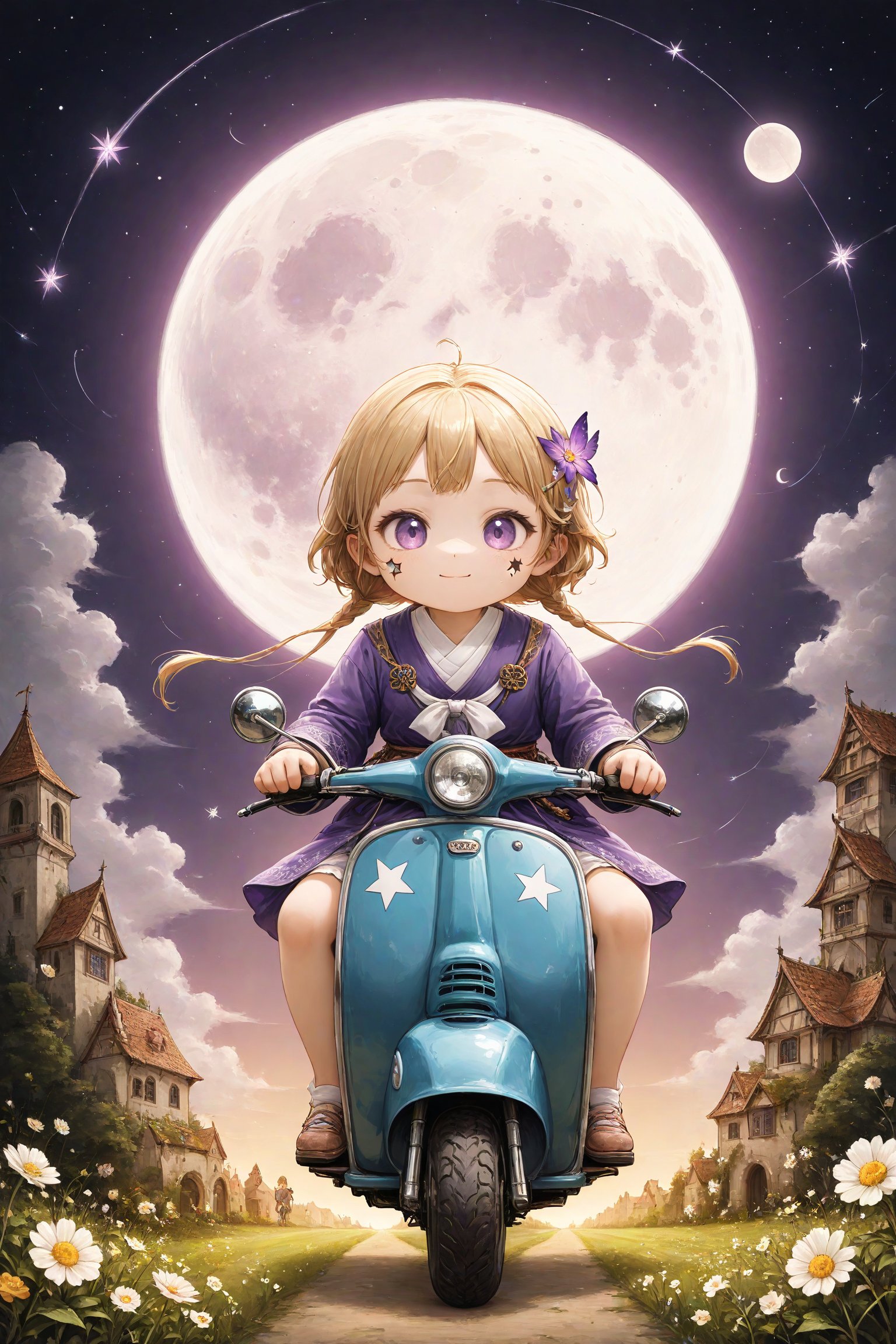 Precise line art, realistic and elaborate pencil drawings,solo, (chibi),fairy tale illustrations,Perfect sky, moon and shooting stars,moon on face, pagan style graffiti art, Kimono girl riding a scooter, hippy van, veichle focus, motor vehicle, Flower,(☆ // purple gradient background),)Star mark hanging on a string:1.2),drawn in the style of a medieval painting,dal-1,lineart,LineAniAF,((Chibi character))