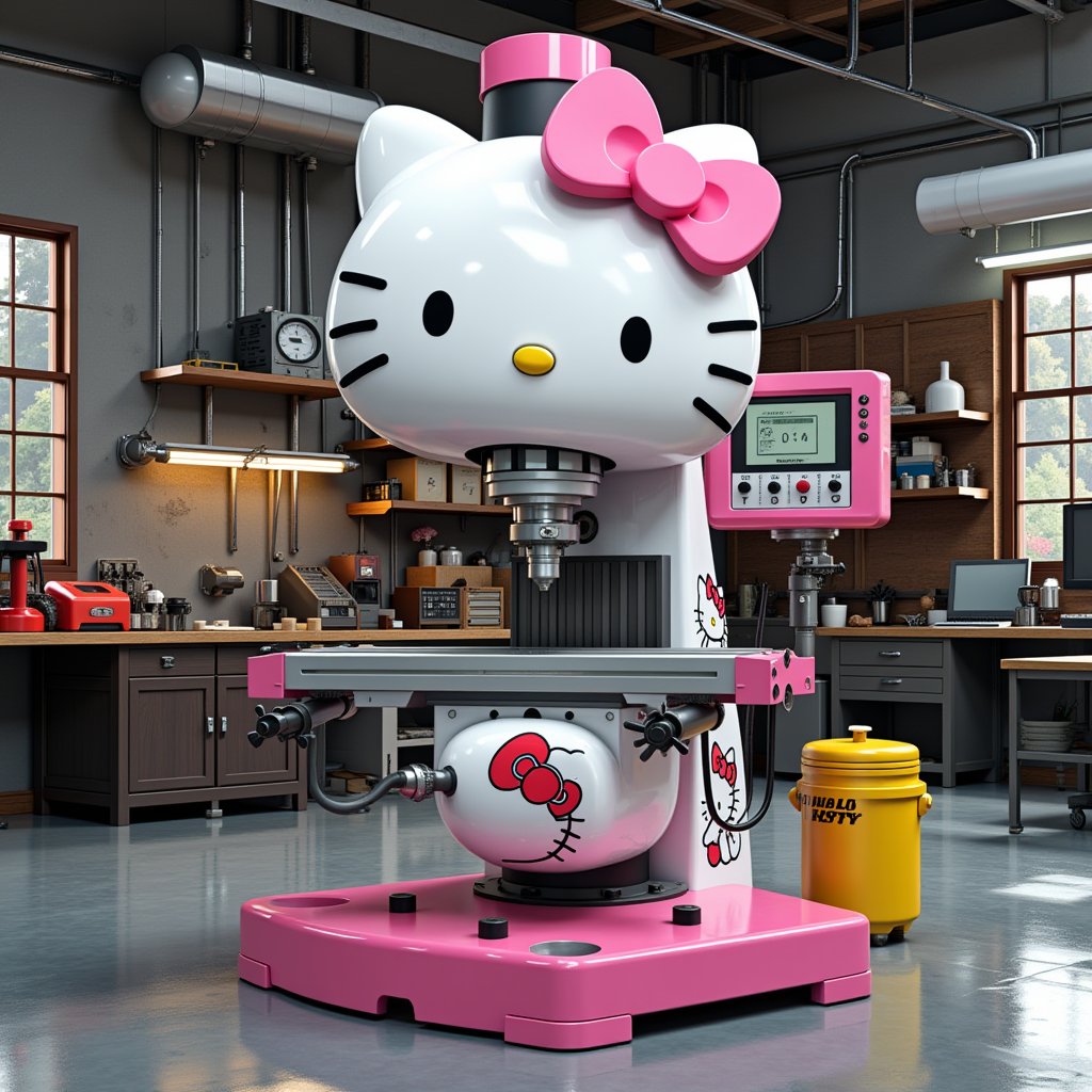 A unique industrial milling machine with a Hello Kitty theme, a standard milling table base in Kitty's distinctive white with pink accents. The main column is shaped like an oversized Hello Kitty doll, with the bow housing the motor. The control panel features Kitty's face, complete with eyes and nose buttons. The spindle head is integrated into Kitty's head, with collets sticking out as whiskers, X, Y and Z axis handles, and a digital readout screen framed by Kitty's iconic hair ribbon. A clear pink acrylic chip guard with a silhouette of Kitty. A coolant nozzle with an image of Kitty holding a watering can. The jaws of the vise are patterned with Kitty's face. The aircraft base features decorative decals of Kitty and her friends. Highly detailed 3D renderings, isometric views, and workshop environments. 4K resolution.