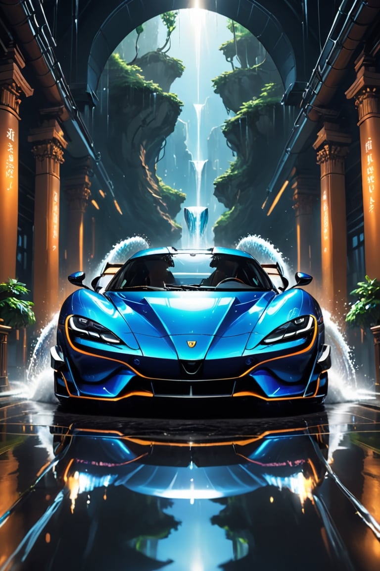 As the sports car, accelerates, it leaves a trail of splashing water, forming graceful arches in the air. In that fleeting moment, the dynamic beauty of the scene is captured, with the splashes shimmering dynamically under the reflection of light, resembling the trajectory of a dancer. Despite the resistance of the wind, the car surges forward with determination, akin to a brave warrior charging into uncharted territories. This moment symbolizes speed, ,nocturne,H effect