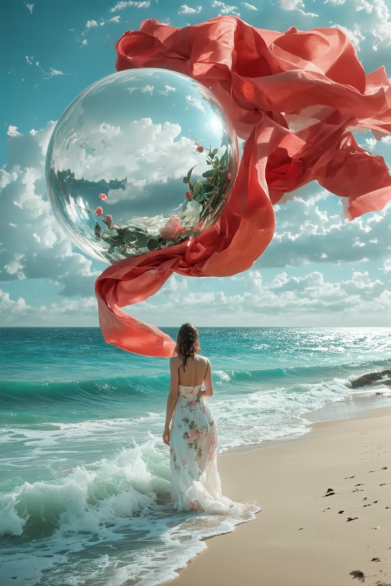 Surrealist watercolor painting. Pristine beach with soft, sandy shores and gentle waves. Enormous glass sphere, perfectly transparent, resting on sand. Oversized red ribbon wrapped around the sphere, flowing and billowing in imaginary wind. Distorted reflections in glass, merging sky and sea. Dreamy, muted palette for beach, vivid red for ribbon. Subtle watercolor textures, wet-on-wet technique. Magritte-esque juxtaposition of reality and fantasy. Thought-provoking, whimsical scene