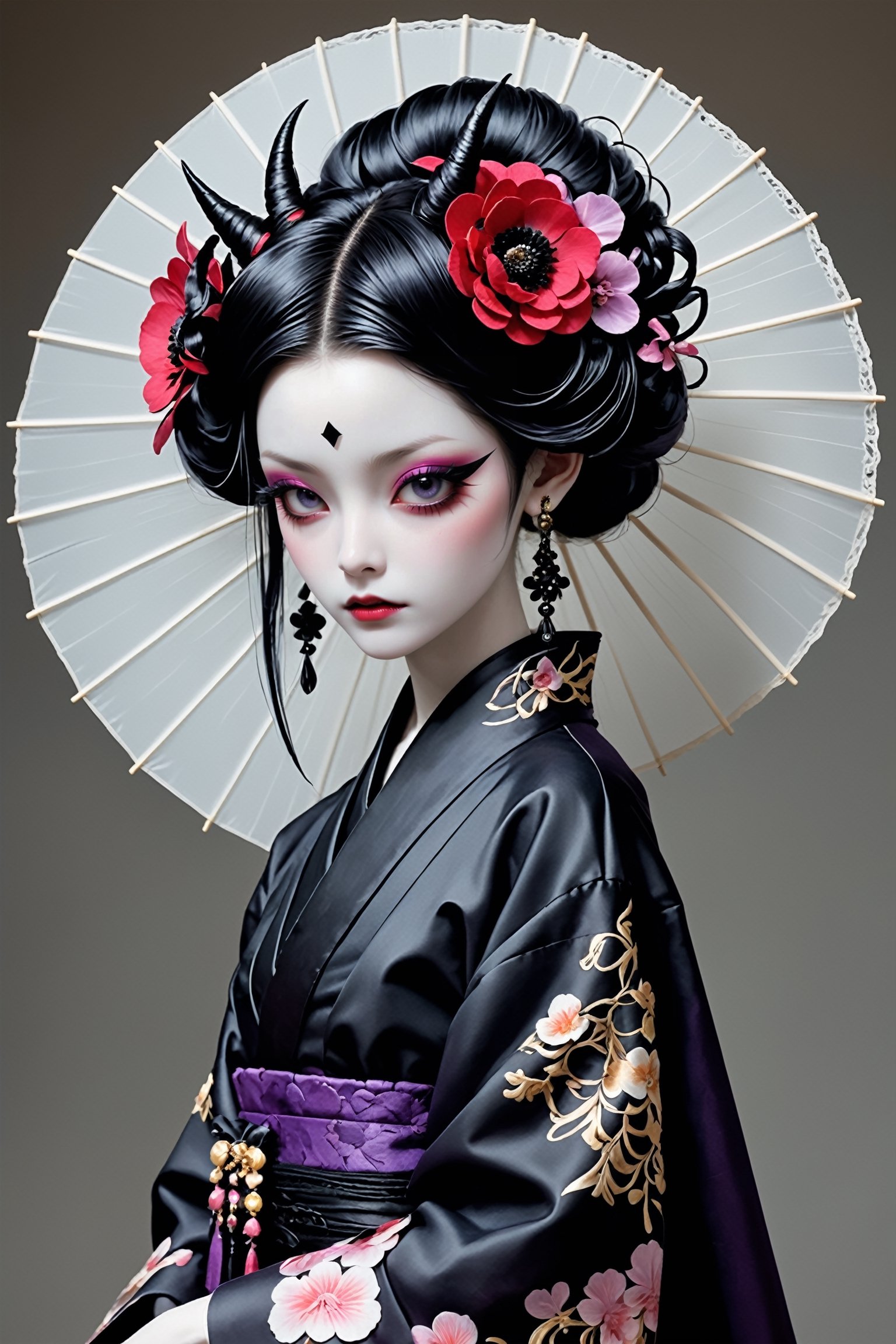 (masterful), ((ballet dancer)),((full body)),
albino demon little queen, (long intricate horns), a sister clad in gothic punk attire,fusion of traditional Japanese aesthetics and Gothic Lolita fashion, where elegant kimono silhouettes intertwine with the dark allure of Gothic elements. Picture elaborate, lace-trimmed kimonos in deep, rich colors adorned with ornate obis and corseted bodices,Accessories like parasols with lace and ribbons add a Victorian touch. Intricate hairpieces blend traditional tsumami kanzashi with gothic motifs, The color palette leans towards deep purples, blacks, and blood-reds, creating a striking contrast against the delicate fabrics,DonM1i1McQu1r3XL,nocturne,ct-niji2