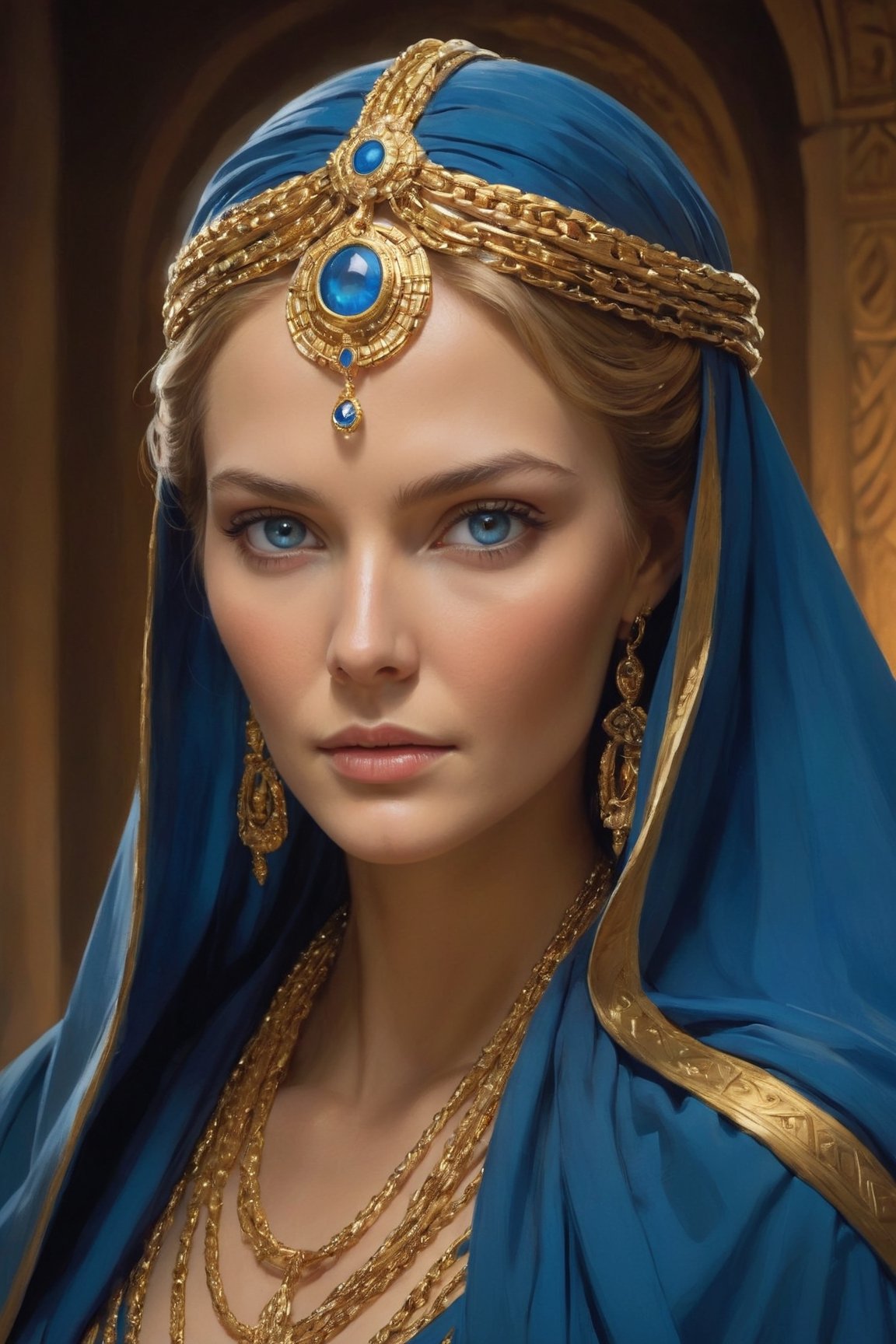 Lady Jessica, a prominent character in "Dune," is depicted as a commanding figure draped in a flowing robe, cascades from her head,Her attire symbol of her status and authority,((Gold chains wrapped around the face:1.5)),billows around her as she moves, creating an aura of grace and elegance.Her piercing blue eyes, a striking contrast against her dark robes, captivate those who meet her gaze. Behind their beauty lies a depth of wisdom and determination, reflecting her inner strength and resolve.,gold chains