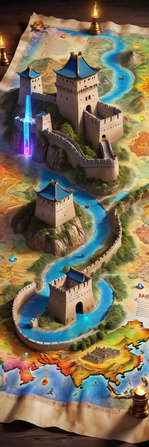 Magic Parchment,Top view of holographic magic map (3-D), The Great Wall of China emerges from the enchanted map, Illuminated by mystical glyphs and pulsating with magical energy, the map is lifted from paper It appears to float and sit on a wizard's desk. magic multicolor ink, high quality, imagination, 8K, fantasy art, vivid magical colors, style painting magic, map, itacstl