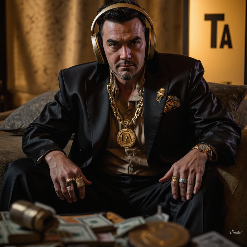 A sinister wealthy man,sitting on a large pile of cash. He is dressed in an impeccably tailored, luxurious suit with a dark, glossy finish, adorned with gold accents. Around his neck hangs a thick gold necklace, and his fingers are adorned with several oversized gold rings. A golden luxury watch gleams on his wrist. On his lapel, there's a badge with the initials 'TA' engraved in fine detail. He wears large, sleek headphones, his expression cold and calculating, adding to his menacing aura, contrasting with the lavishness of his attire.",livingroom,ta_logo,tensorart_logo,The words "Tensor Art" are written on the wall behind