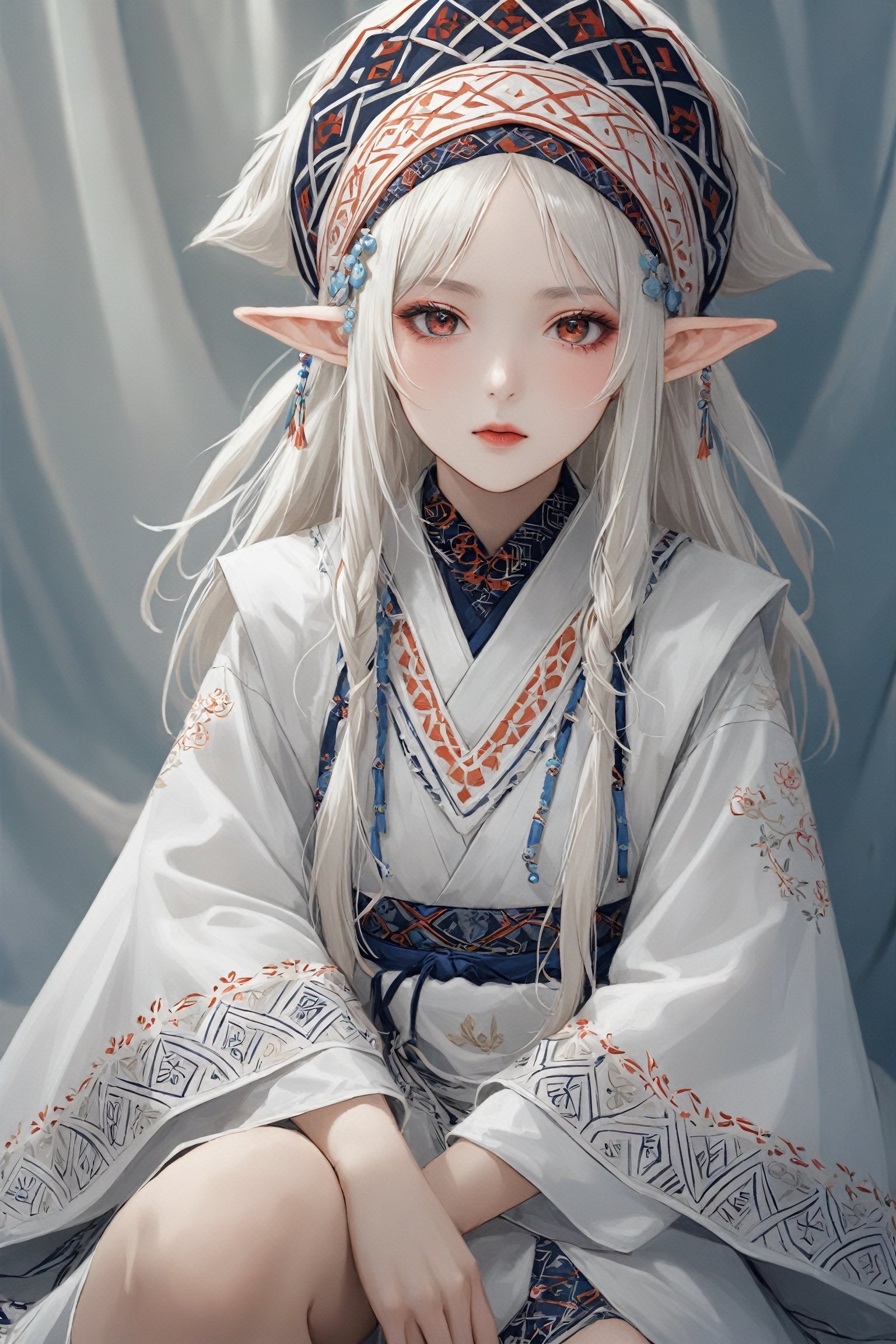  a beautiful Albino elf girl,elf ear, wearing traditional Ainu attire, adorned with intricate embroidery and patterns symbolizing Ainu culture, Her garments include a dress and apron,Completing her look is a unique headpiece that enhances her beauty,With pride in Ainu culture,Misery Stentrem,Nina Aslato