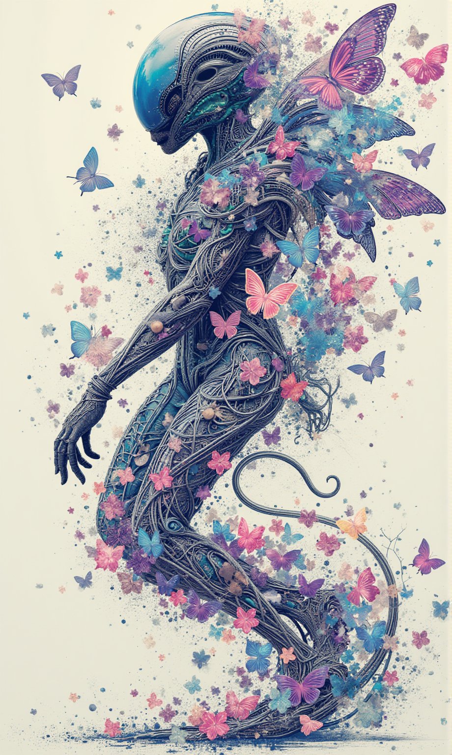 ""Design an alien figure composed entirely of countless colorful and translucent butterflies. The body has a humanoid shape, but the butterflies form a fluid, ever-shifting outline, as if the being is constantly in motion. The butterflies come in various vivid hues like blues, pinks, purples, and greens, their wings shimmering with an ethereal glow. Some butterflies appear more transparent than others, giving the alien a ghostly, otherworldly look. The overall appearance is both mesmerizing and unsettling, with the butterflies occasionally breaking away from the form and fluttering around.",Japanese pattern,by_M_T_Ross