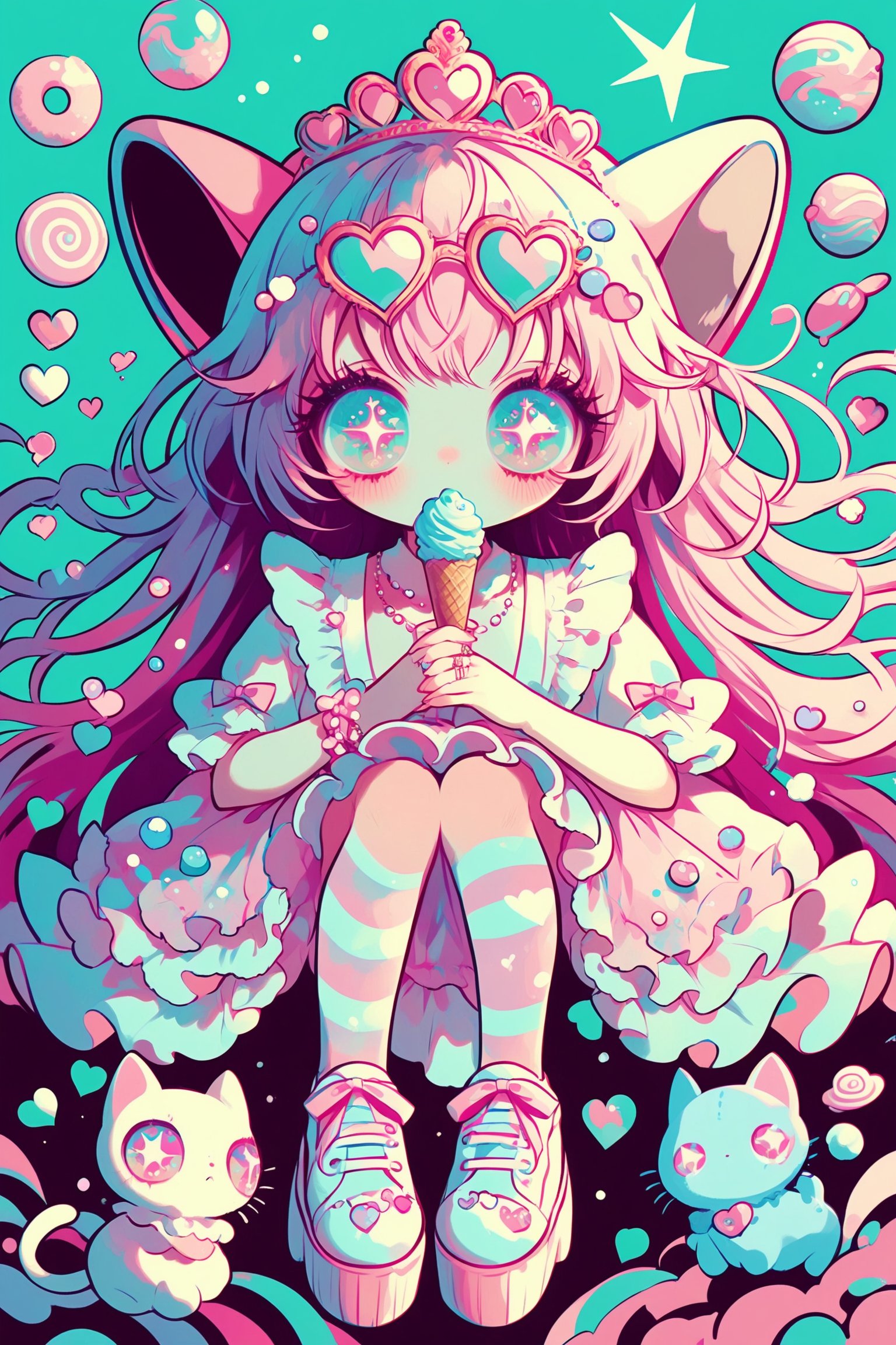 1girl ,vtuber anime character design,love＋peace＋ice cream,big Eyes,Eyes that protrude from the contours of the face,Extremely deformed eyes,
An over-the-top maximalist Vtuber character in hyper-decorative pink Lolita fashion. Her anime-style face features enormous, sparkling eyes in gradient pastel colors, framed by impossibly long eyelashes. Her multi-layered hair cascades in a riot of pastel pinks, purples, and blues, adorned with an excess of bows, flowers, and glittering accessories. She wears a frilly, cupcake-shaped dress in various shades of pink, covered in lace, ribbons, and ruffles. The dress is further embellished with candy motifs, stuffed animals, and miniature tea sets. Multiple petticoats peek out from beneath, each a different shade of pink. She sports striped stockings and platform shoes with heart-shaped buckles, Numerous bracelets, rings, and necklaces adorn her, along with a tiara and cat-ear headphones, background is a dizzying collage of pastel colors,anime style,anime girl,future0615