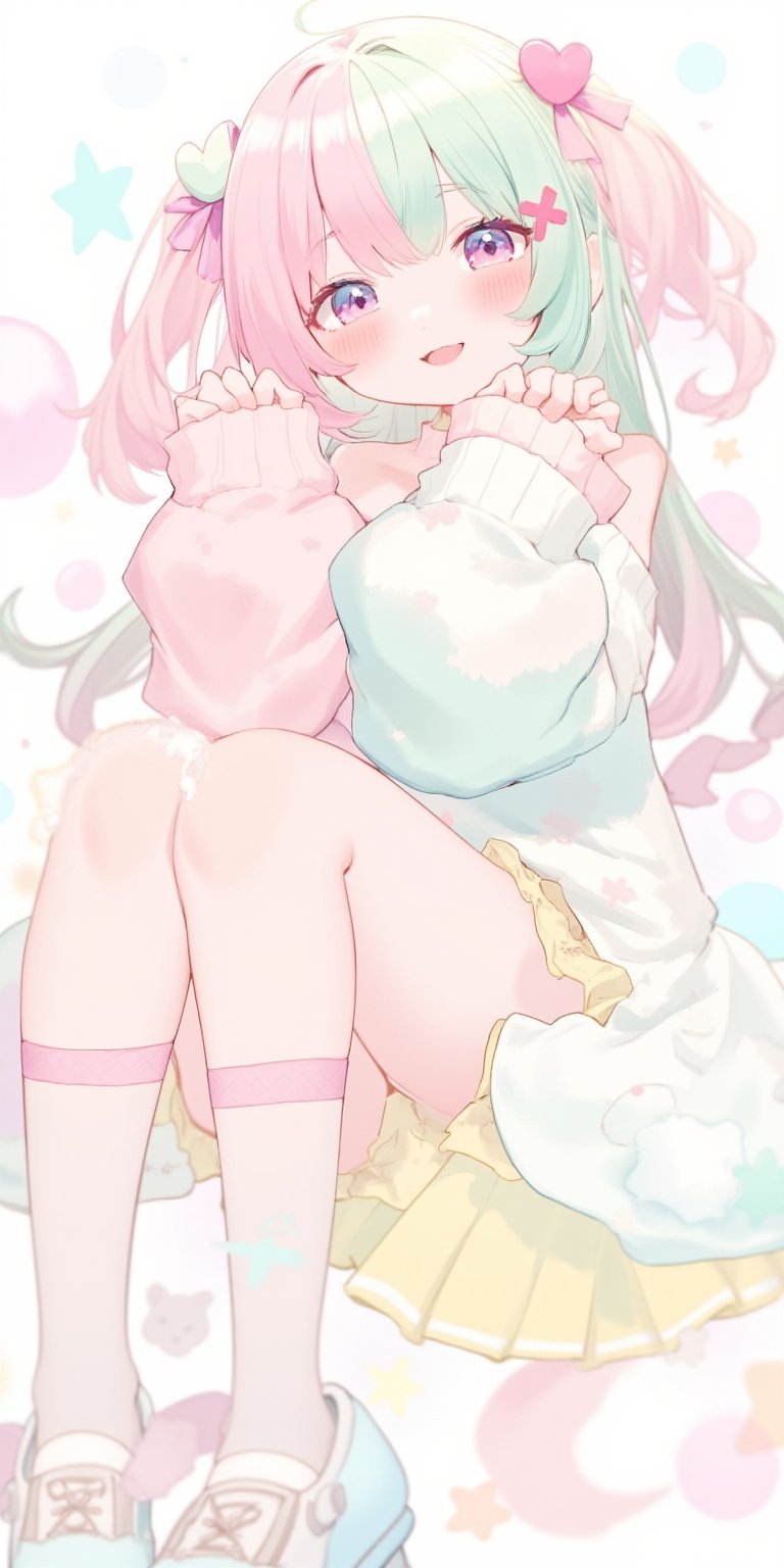 1girl,Cute anime-style Vtuber girl, big expressive eyes. Split hair color: pastel pink on right, mint green on left, long wavy style. Kawaii pastel fashion: oversized sweater with star patterns, pastel yellow pleated skirt. Extra-long sleeves covering hands, creating cute smiling,Thigh-high striped socks, pastel blue mary jane shoes. Patchwork stitching visible on face and body, giving a doll-like appearance. Small bandages on cheeks. Detached sleeves with ribbons. Heart-shaped hair clips. Soft, dreamy background with floating bubbles and stars. Pastel color palette throughout. Slight blush on cheeks. 2D anime art style with clean lines and soft shading. High detail, 8K resolution.