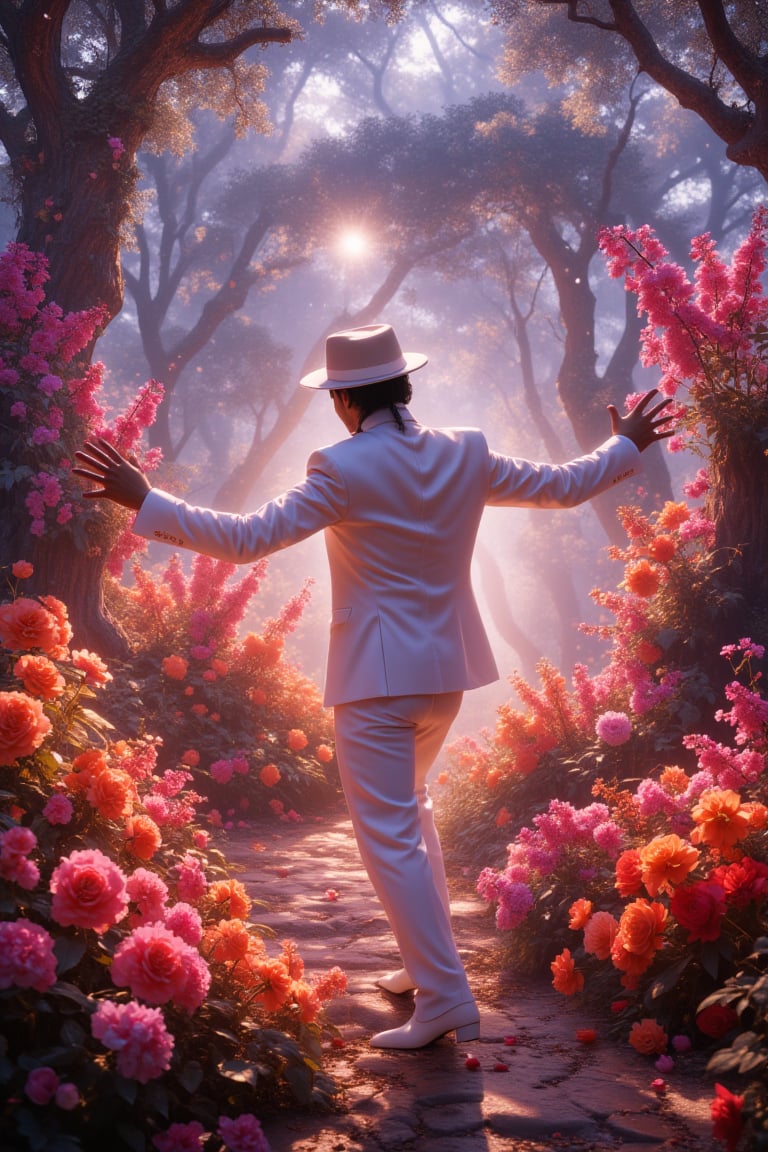 Michael Jackson, dressed in a crisp white suit, complete with his iconic fedora, is mid-dance in a vibrant, otherworldly landscape. Surrounding him are countless exotic, glowing flowers of every imaginable color, their petals stretching toward the sky. The air is filled with sparkling pollen and soft, ethereal light, giving the scene a dreamlike quality,

 Michael strikes a classic dance pose, dancing with their backs shown,
one leg bent arms outstretched, as his white suit contrasts with the colorful, fantastical flora. The scene feels magical and surreal, blending his iconic style with the beauty of a mystical, blooming world.,MJBAD87,plain87,subway87,white outfit,MJ2007,fantasy,sunrise,nature,forest