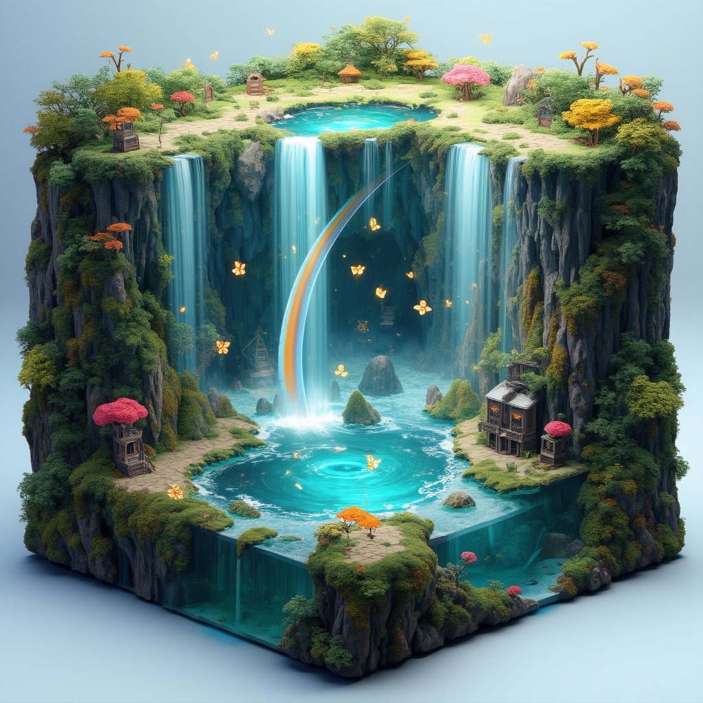 Isometric diorama of a fantasy world's massive waterfall. Cube-shaped vignette, 30cm wide. Multi-tiered waterfall cascading from floating islands. Lush vegetation, exotic flowers in vibrant colors. Curved rainbow arching over the falls, refracting light. Swarm of golden butterflies with glowing wings, leaving trails of sparkling dust. Crystal-clear pools at the base with miniature merfolk. Tiny fairy houses nestled in tree hollows. Ancient ruins with mystical runes scattered throughout. Floating lanterns and will-o'-wisps providing magical illumination, Hyper-detailed vegetation and water effects. Tilt-,noc-isometric,Photorealistic miniature art style