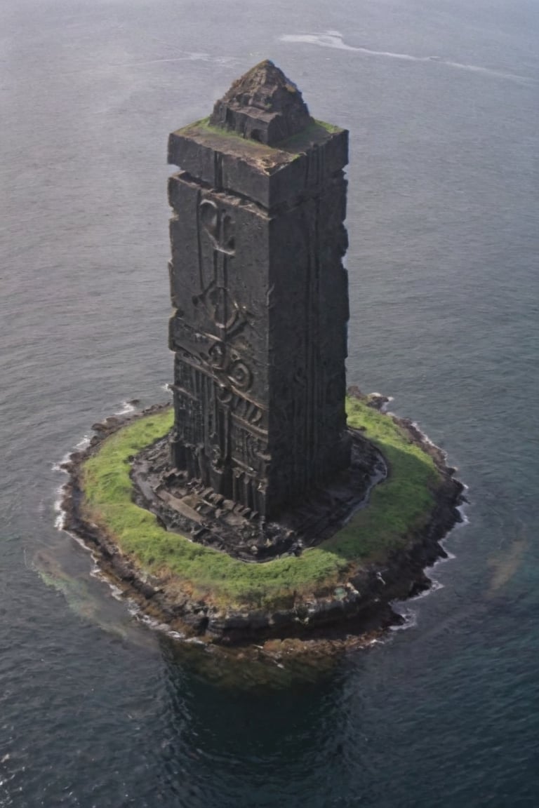 Low quality photos, footage taken by accident, old photos,Handheld camera images, subtitles, time stamps,
Aerial view of a huge jet-black monolith protruding from an uninhabited island, seen from above, the monolith is decorated with mysterious and mechanical geometric patterns, creating a striking contrast to the natural environment of the island ,VHSfootage,DonMSt34mPXL,island