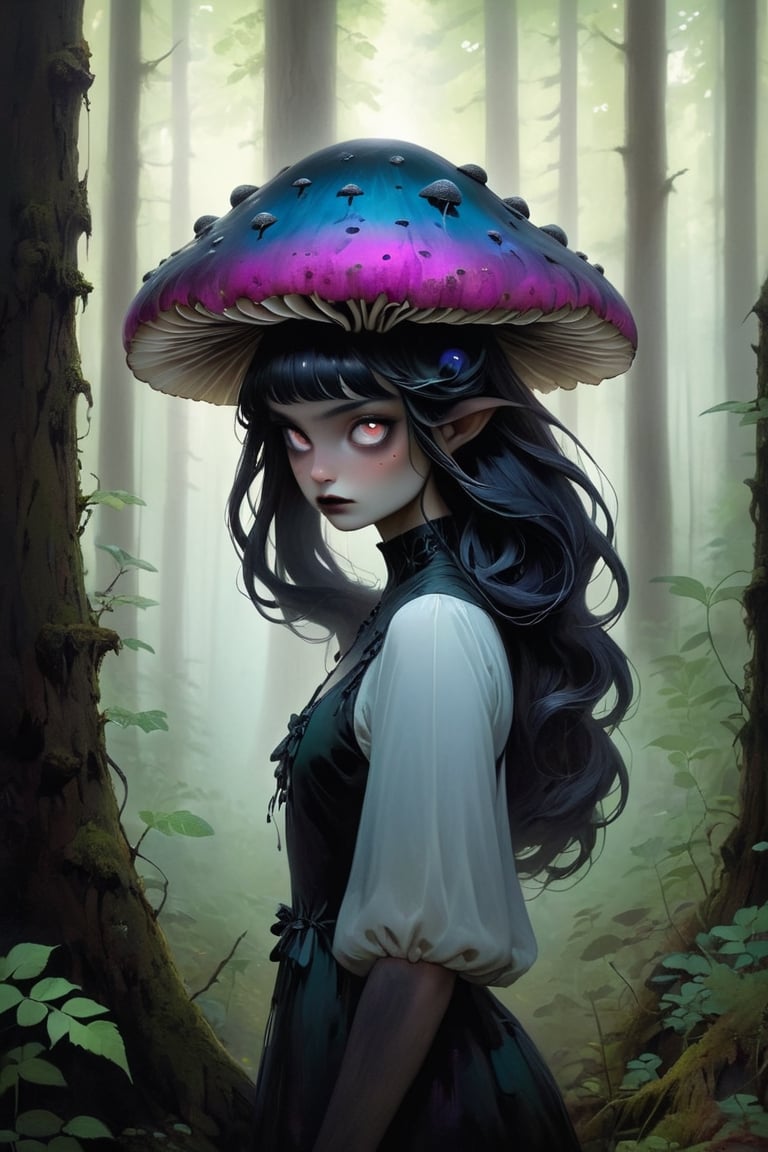 captivating figure in the forest,
a melanistic mushroom girl, embodying mystery amidst the enchanting surroundings. Her dark, velvety skin contrasts with the vibrant hues of the forest, while tendrils of delicate mycelium cascade from her hair, adding to her ethereal allure. With eyes of deep, mysterious hues, she moves gracefully through the woodland, a symbol of hidden beauty amidst the bustling life of the forest. This portrayal captures the essence of the melanistic mushroom girl—a captivating creature of the woods, shrouded in intrigue and wonder."