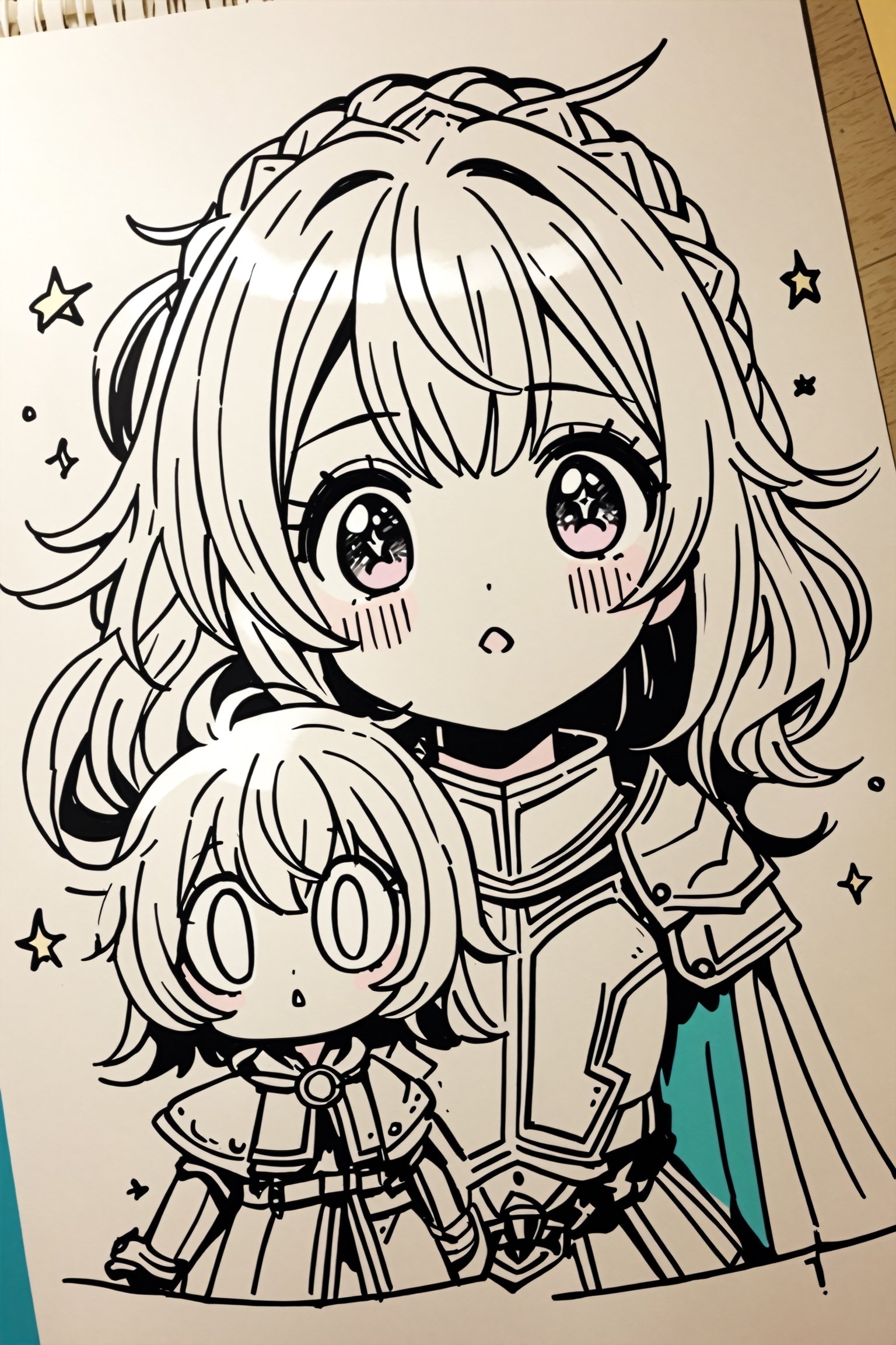 drawing on colored paper Doodles art,(line art), shoujo manga style,knight girls with big eyes, starry eyes, shaggy hair,cute knight