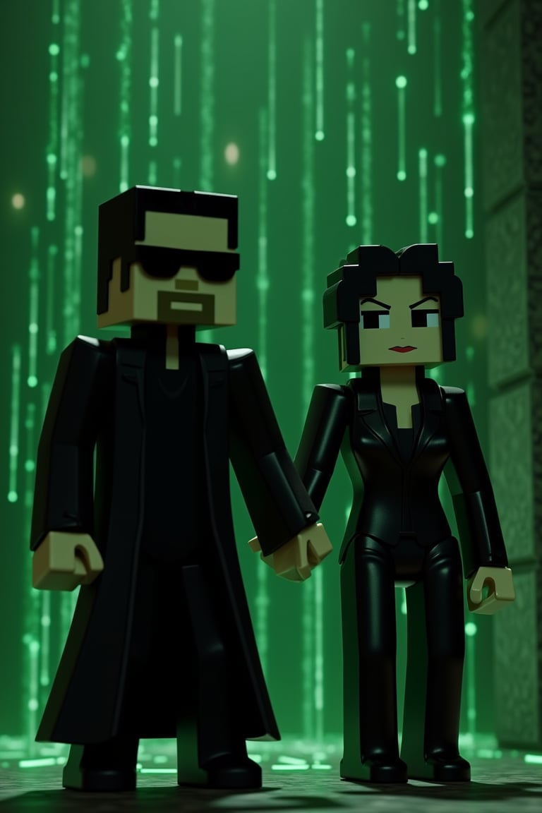 Minecraft-style voxel art recreation of Neo and Trinity from The Matrix. Blocky, pixelated characters with distinct cubic shapes. Neo wearing a long black coat, sunglasses, and slicked-back hair. Trinity in sleek black leather outfit and short dark hair. Both in dynamic action poses. Green digital rain effect in the background, made of falling voxel characters. Low-resolution textures, limited color palette emphasizing black, dark green, and white. Cyberpunk atmosphere combined with retro game aesthetics. Iconic bullet-time effect suggested by suspended voxel particles. Underground techno-rebel style evident despite simplified voxel form.