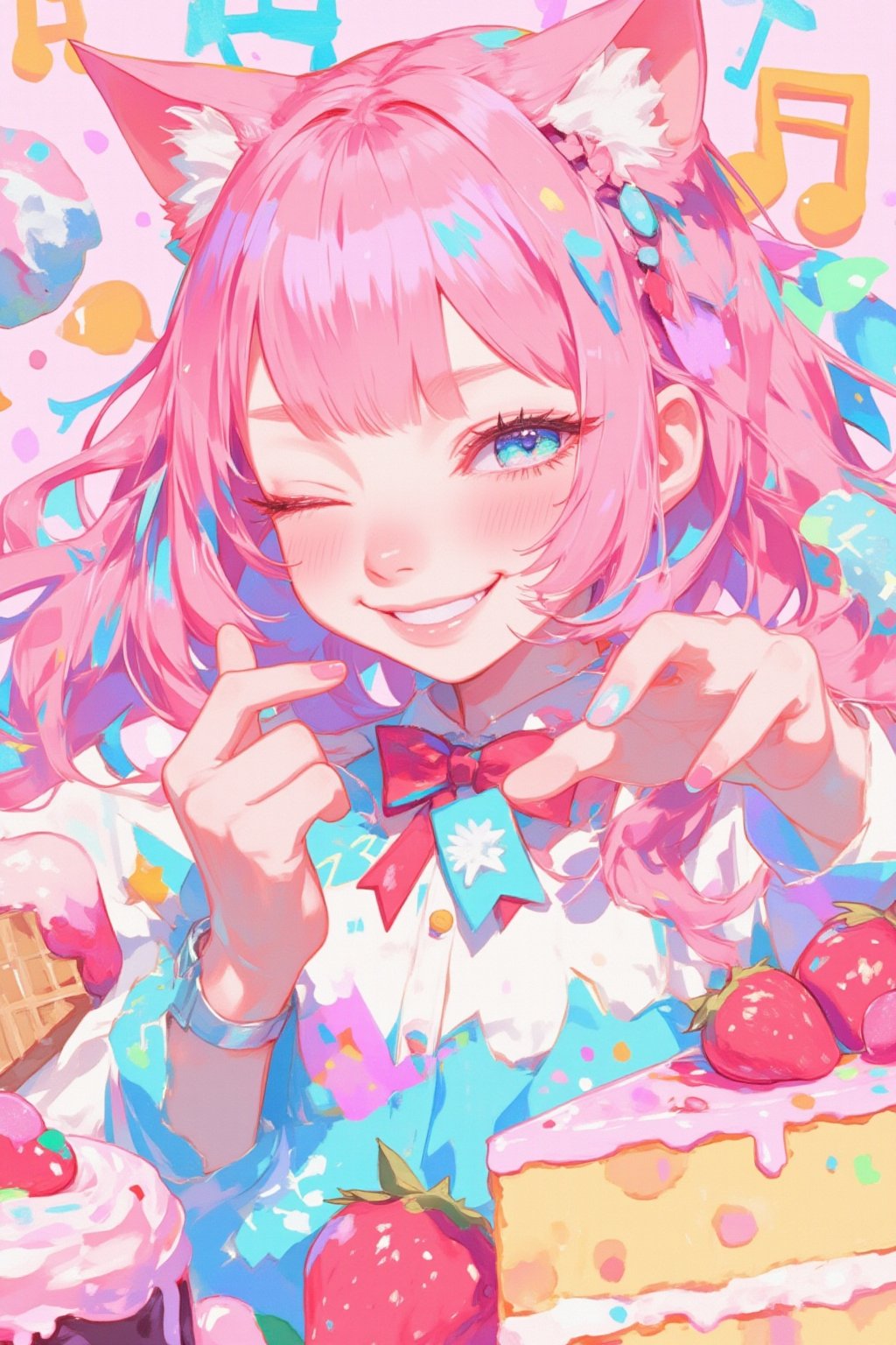 Vibrant colorful anime-style illustration,  cheerful cat girl, long pink hair and cat ears,She's winking playfully, 
round eyebrows,
Wearing a light blue and white outfit with red bow tie,strawberry cake, ice cream cones, and musical notes. Background filled with pastel pink and purple colors. Kawaii style, highly detailed, digital art,Playful and energetic atmosphere. Chibi style elements. Sharp, crisp lines. Bright, saturated colors. 2D art style.,dal style,animaport,lyh