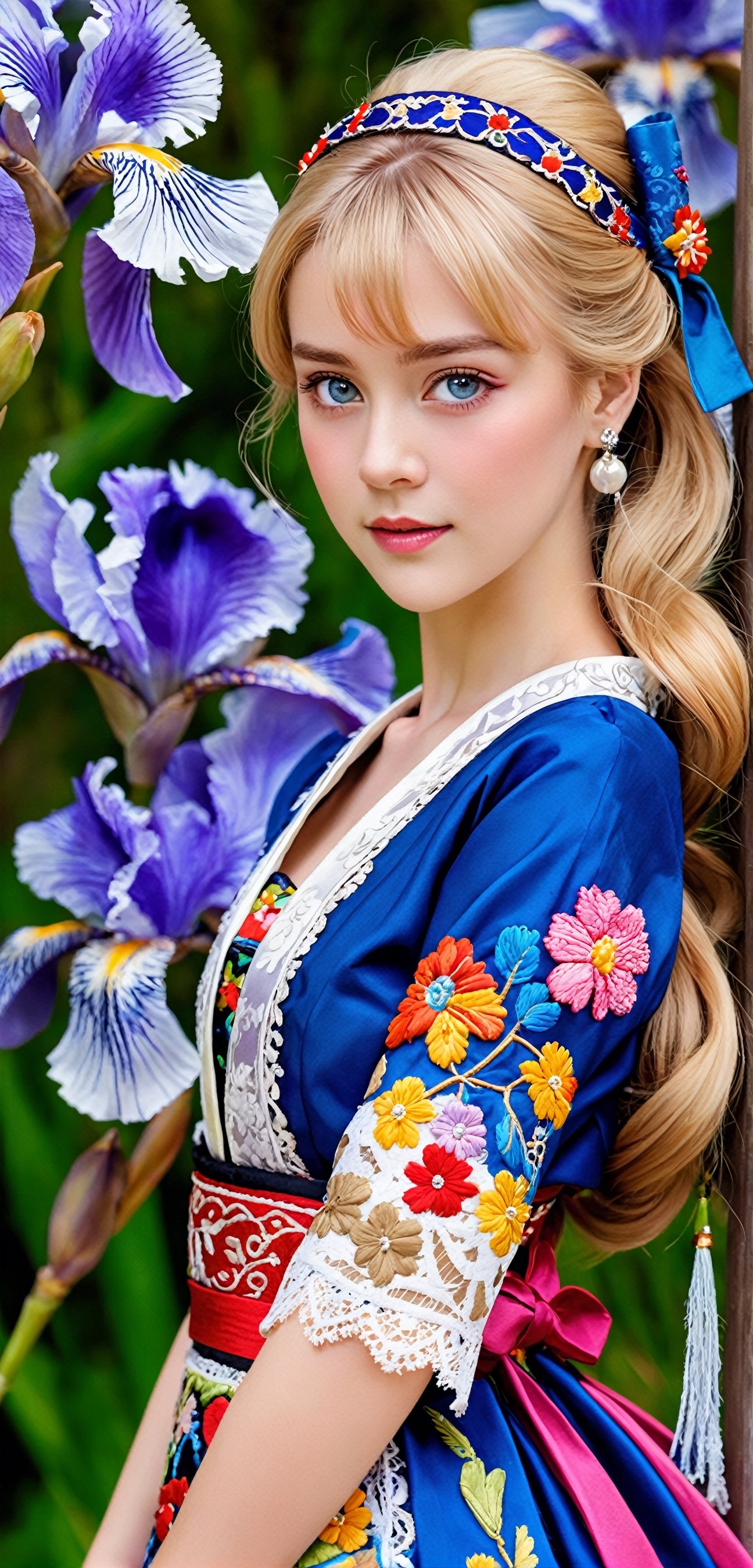 (Beautiful German girl),beautiful blonde hair,beautiful blue iris, wearing a Baroque-style dirndl with vibrant colors, infused with Japanese elements. The dress combines intricate lace and embroidery with colorful kimono-inspired patterns. A wide obi belt cinches her waist, while puffed sleeves and delicate accessories complete the look, showcasing a striking fusion of cultures.,ct-drago