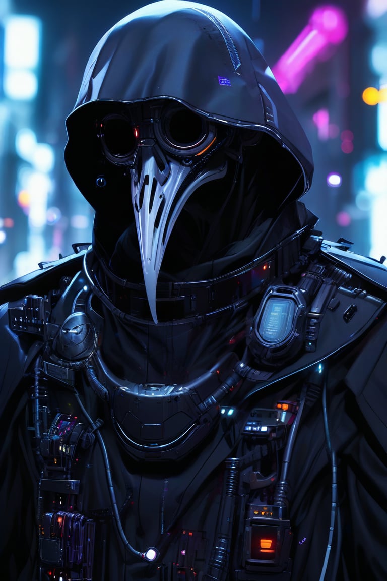 Plague Doctor,Cyberpunk Plague Doctor Cyborg, futuristic reinterpretation, LED eyes, smooth black exoskeleton, neon glowing seams, holographic HUD inside the mask, built-in air filtration system, , dark trench coat pattern with circuitry, , neural interface Ports, augmented reality scanner, chrome accents, data cables, dystopian city background, high contrast lighting, digital art, highly detailed rendered cells,sclera,,Ap0l0gr4ph1c,ek_ph0t0_b00ster,cyborg