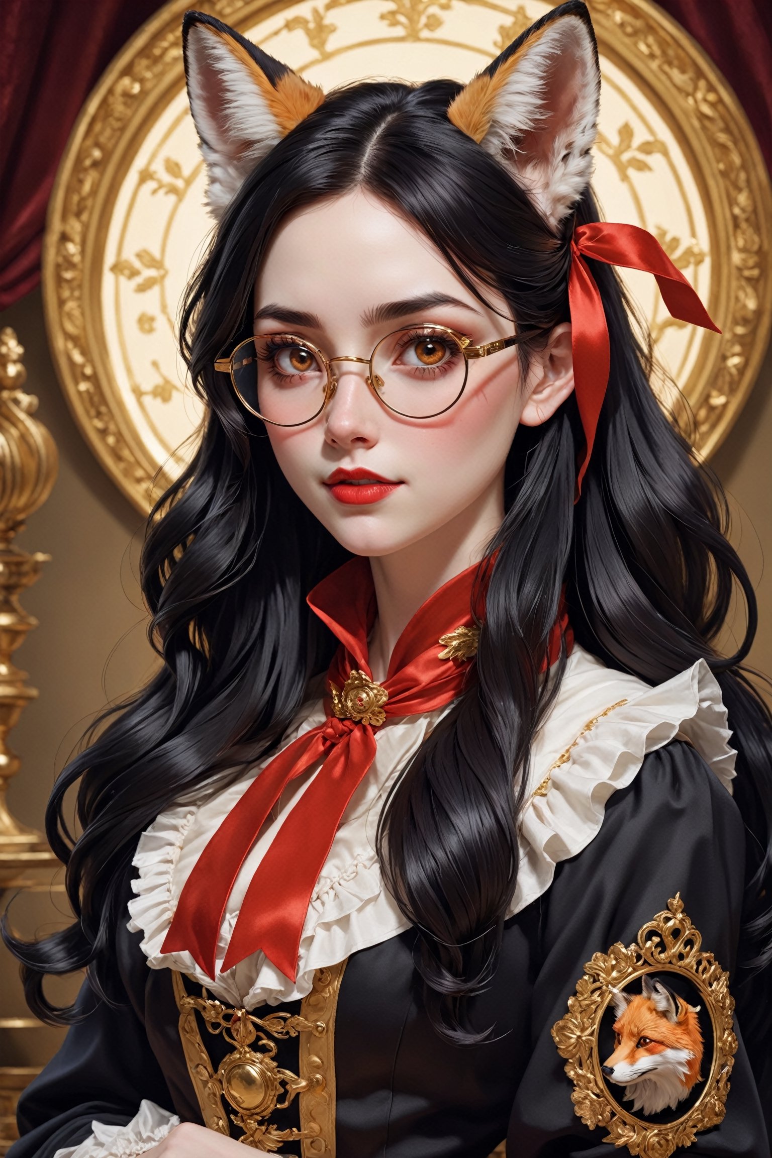 1girl, morbidly pale skin, fox-eared, long black sauvage hair, and a cold orange eyes,luxury gold glasses with glass cord,red lipstick, A frilly ribbon is wrapped around her narrow neck. The girl is wearing a velvet and brocade heraldic surcoat worn by male aristocrats,slender body,Tekeli,black hair,portrait,monocle