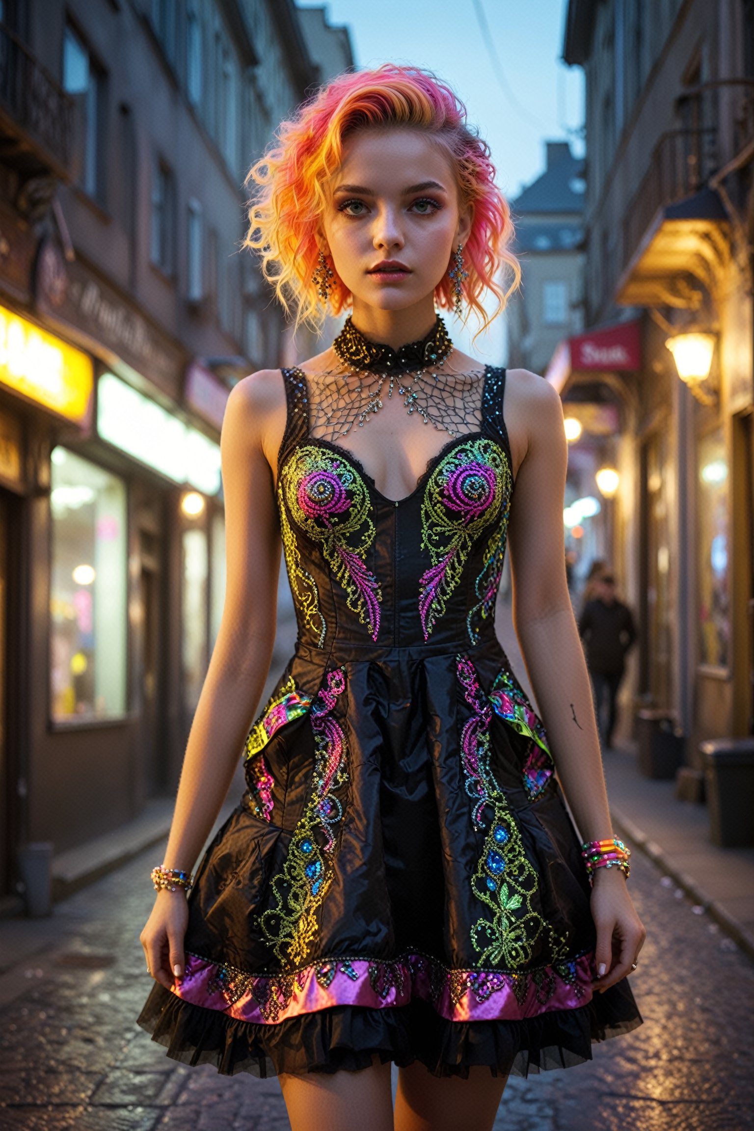 1girl, a girl in a Baroque-style neon punk fashion. She wears an elegant, glowing dress with intricate patterns and vibrant, luminous colors. Her hair is styled in a mix of Baroque elegance and punk flair, possibly adorned with small, glowing accessories. her dress casting an ethereal glow on the gritty urban surroundings, blending historical elegance with futuristic street style.,mad-cyberspace