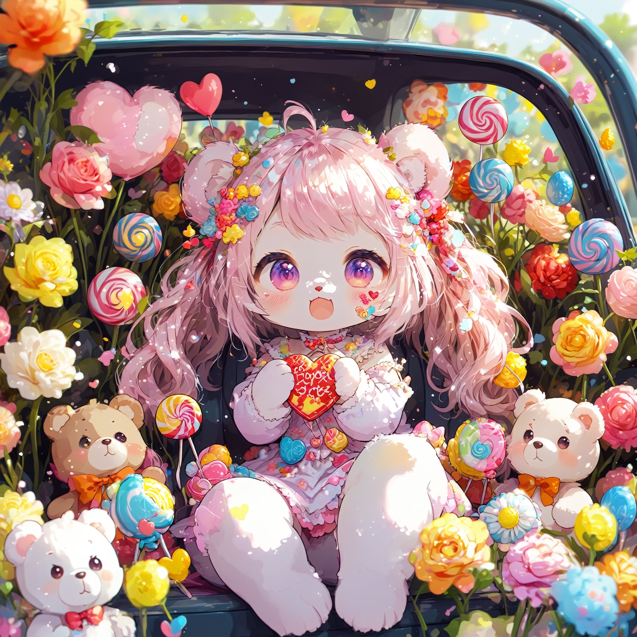 Pastel Candy Art,cute furry Teddy bear,Emphasize the unique synthesis of styles, in car,
heart \(symbol\),Candy\(symbol\), 
,colorful,chibi emote style,artint,sticker,furry,furry girl