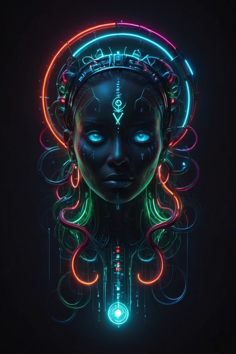 Using a combination of LED lights and neon tubes, create a striking emblem embodying the essence of Voodoo religion. The emblem should intricately depict symbolic elements such as serpents, skulls, ritualistic symbols, and ancestral spirits, representing the rich cultural heritage and spiritual significance of Voodoo practices. Utilize the vibrant colors and dynamic illumination capabilities of LED lights and neon tubes to evoke a sense of mystique and enchantment, drawing the viewer into the mystical world of Voodoo spirituality. Capture the fusion of traditional and modern elements, blending ancient symbolism with contemporary lighting techniques to create a visually captivating and thought-provoking representation of Voodoo's sacred emblem. Transport the observer to the heart of Voodoo tradition, where mysticism and spirituality converge in a mesmerizing display of light and symbolis.,Colorful Binary Code Energy,,nlgtstyle