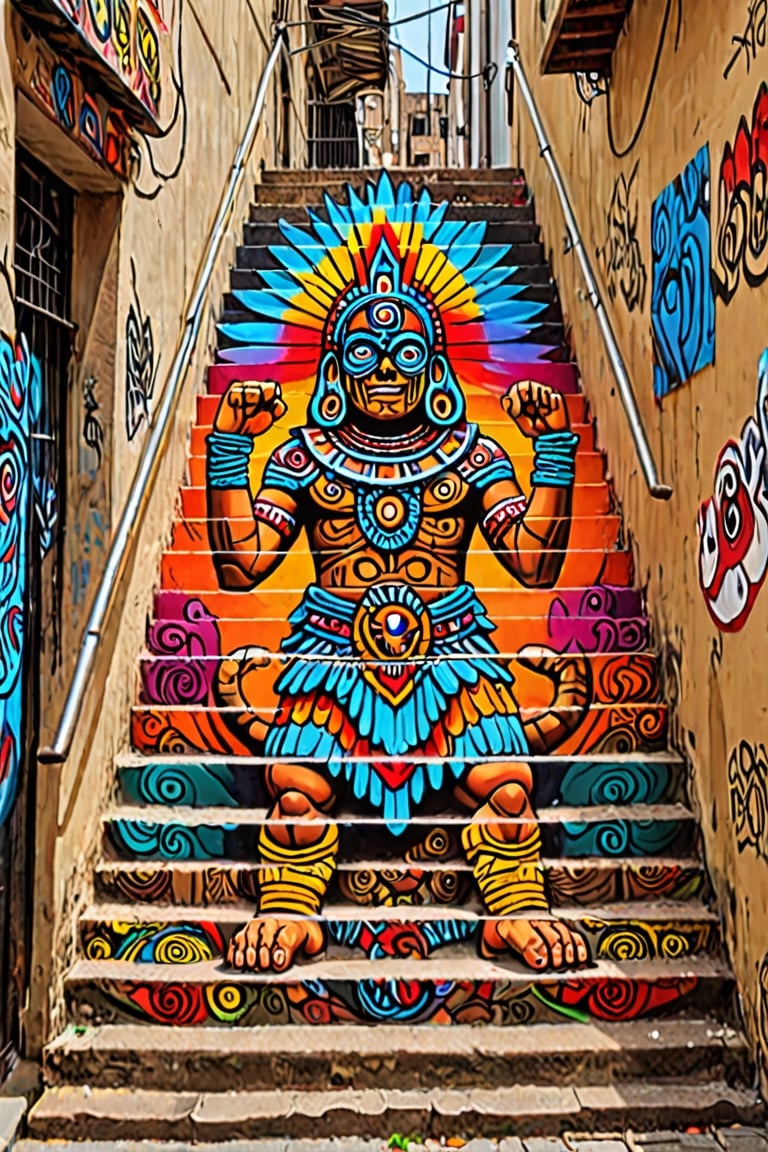 masterpiece, best quality, stair-art, stairs art, alleyway's exterior featuring a vivid representation of Tezcatlipoca,