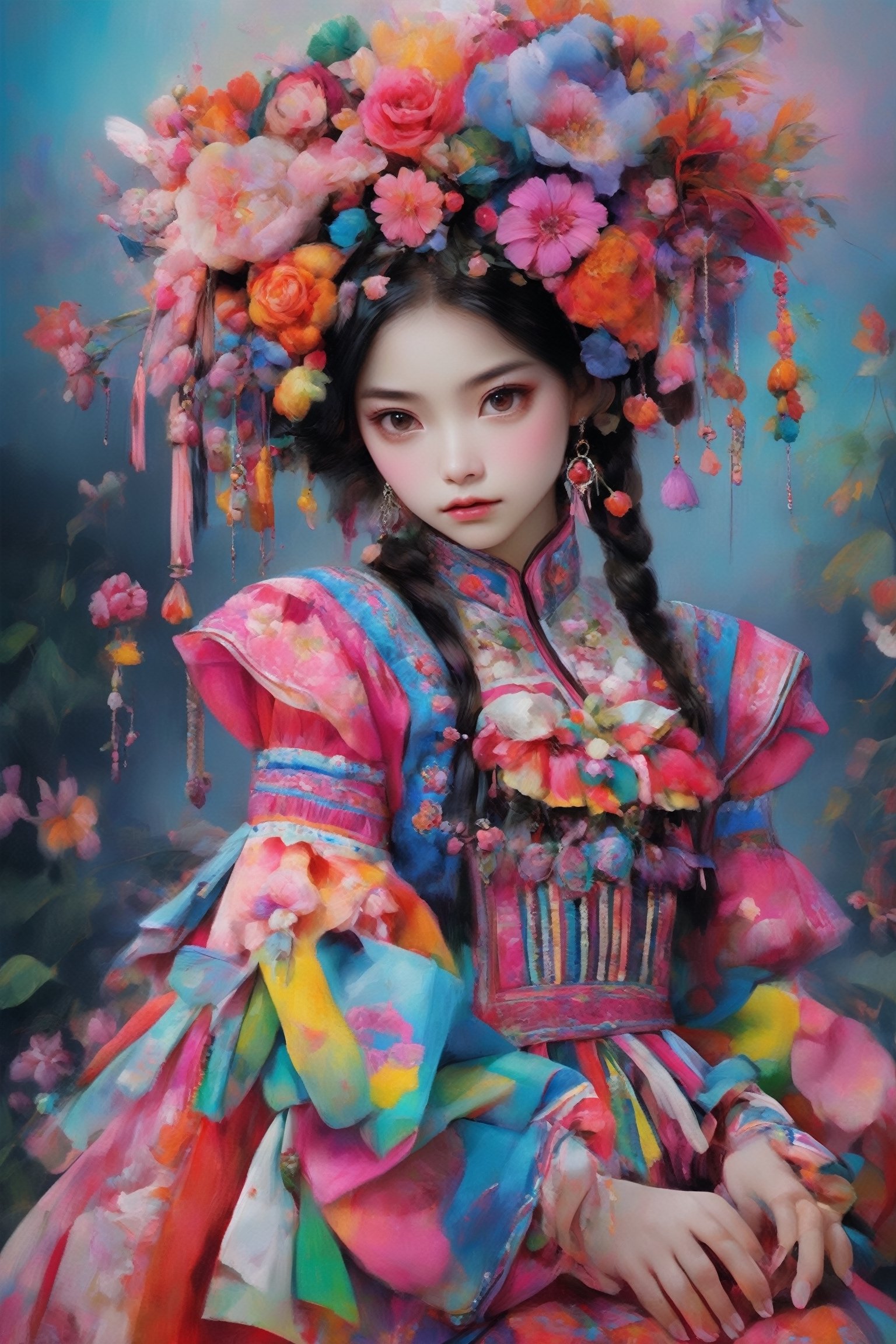 1 Nordic girl,Picture a mesmerizing fusion where the rich heritage of Hmong ethnic attire intertwines with the enchanting world of Lolita fashion. The garment, a visual symphony, showcases vibrant cross-stitch patterns reminiscent of Hmong craftsmanship, meticulously stitched in an array of colors. The dress flows gracefully, embracing the whimsical elegance of Lolita fashion with lace, bows, and layers, creating a harmonious dance of tradition and modernity. Each detail, a brushstroke in this vibrant canvas, tells a story of cultural richness and sartorial fantasy, offering a feast for the eyes that captivates and transcends genres.,Flower queen