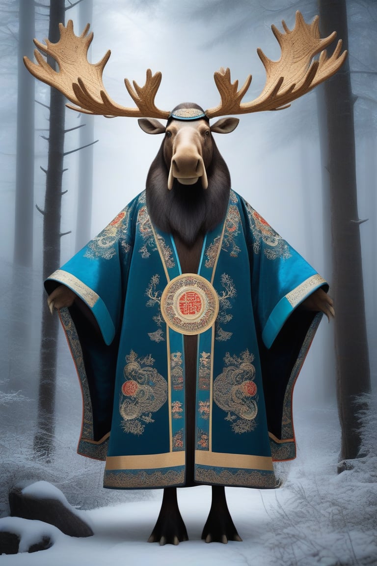 giant moose wearing a traditional Taoist ceremonial robe, The robe is intricately embroidered with ancient symbols and flowing patterns, fitting the majestic animal perfectly. Its large antlers are adorned with delicate, ornate decorations, adding to its regal appearance. The moose stands in a serene, misty forest, embodying a mystical fusion of nature and ancient spirituality.