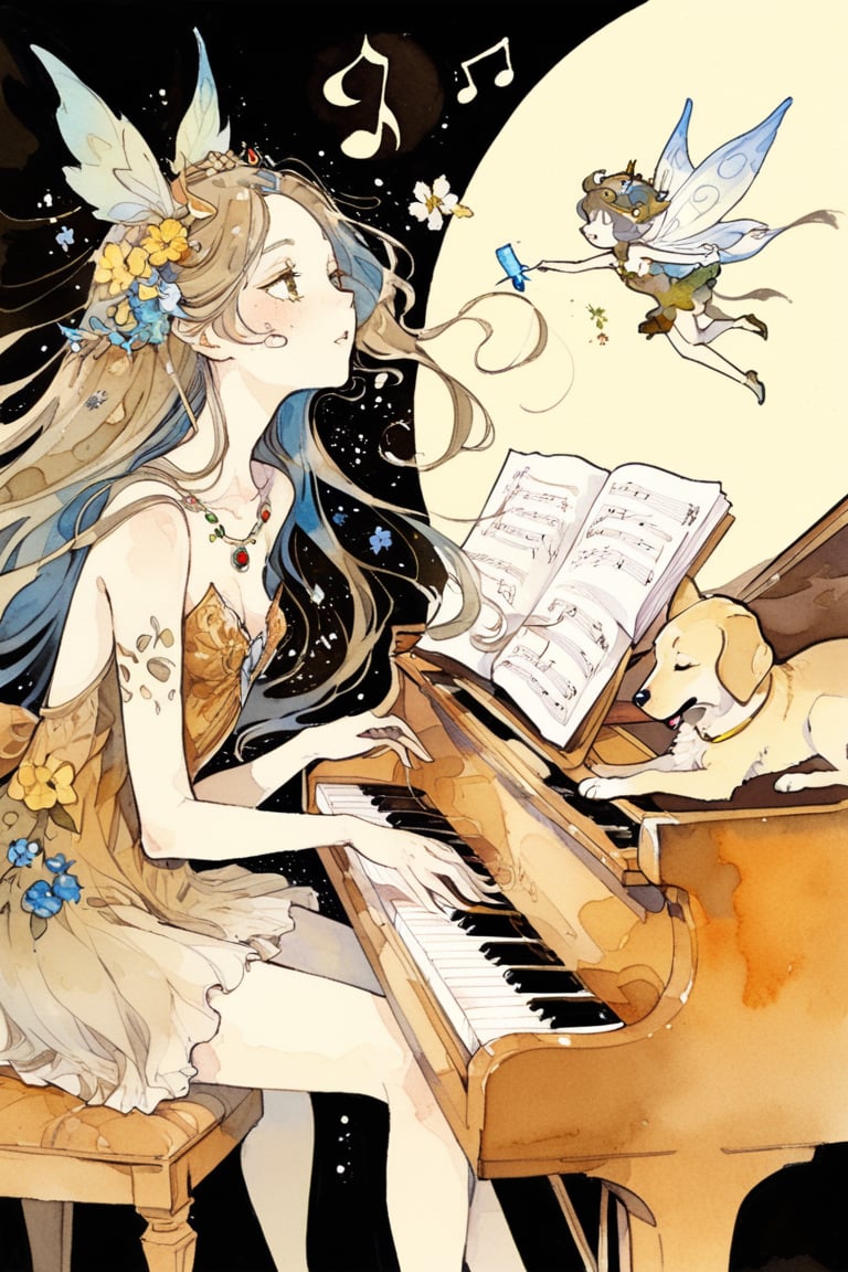 Simple Line art,Simple minimum art, 
myths of another world,
pagan style graffiti art, aesthetic, sepia,
 singing fairy queen face, filled with flowers, a dog playing the piano, and a musical note mark floating in the air.
watercolor \(medium\),jewel pet,Deformed,furry girl,xlinex