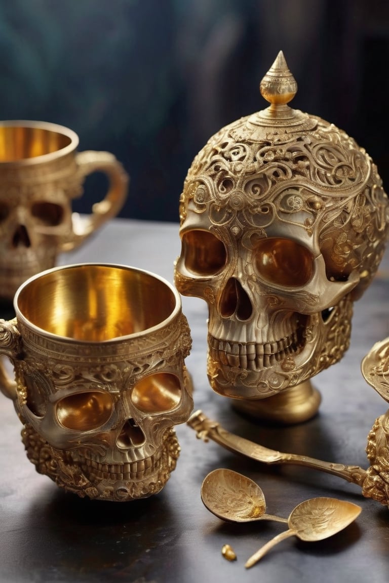 Imagine a skull-shaped cup adorned with intricate golden embellishments, evoking an aura of mystery and intrigue. Crafted from gleaming gold, its hollow eye sockets and toothy grin exude an eerie charm. Delicate patterns of filigree and ornate engravings cover its surface, hinting at ancient rituals and arcane knowledge. Whether used for ceremonial purposes or as a vessel for potent concoctions, its golden sheen casts a mesmerizing glow, commanding attention and inspiring awe. Symbolizing the juxtaposition of life and death, the skull cup serves as a potent reminder of mortality's embrace, while also celebrating the richness and opulence of the human experience.,skll