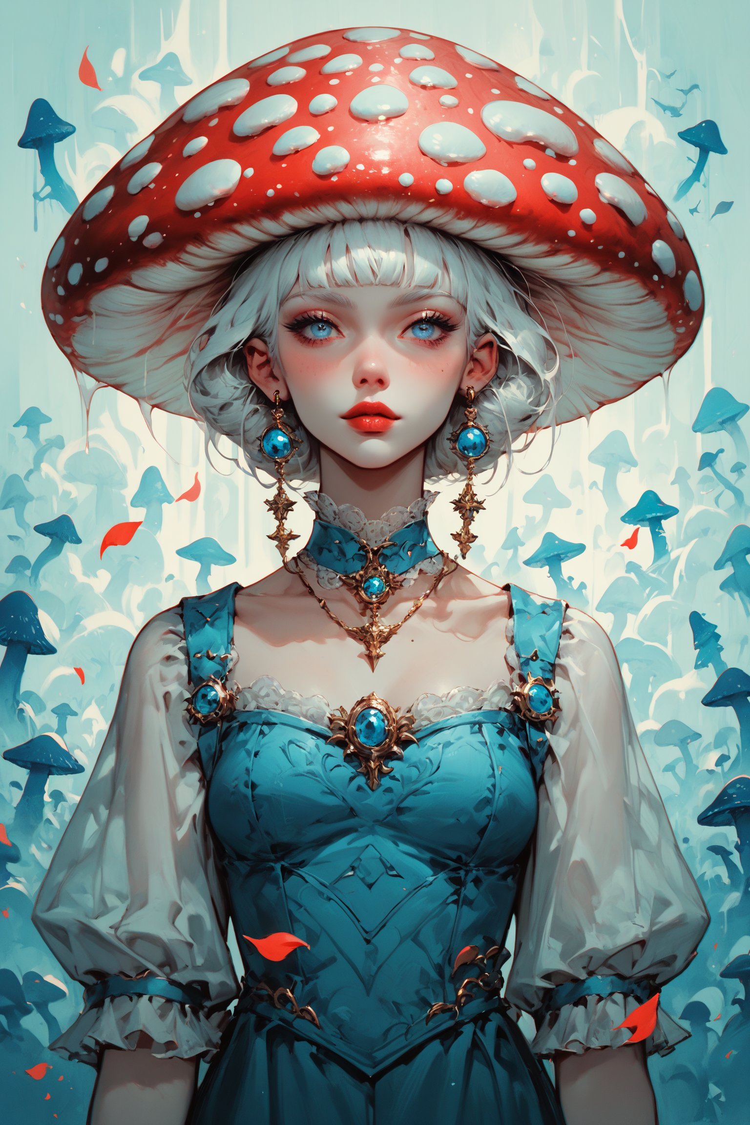 score_9, score_8_up, score_7_up, score_6_up
albino mushroom girl, mushroom Head,
stands amidst the tranquility,Adorned with soft, pale-colored petals resembling mushroom caps and delicate mycelium cascading from her hair, she exudes ethereal beauty.,Her eyes silver or pale blue, convey mystery and wonder as she moves gracefully through the enchanted landscape, Surrounded by vibrant colors and playful woodland creatures, she embodies the magic and wonder of nature's hidden treasures.",mushroomz,dal