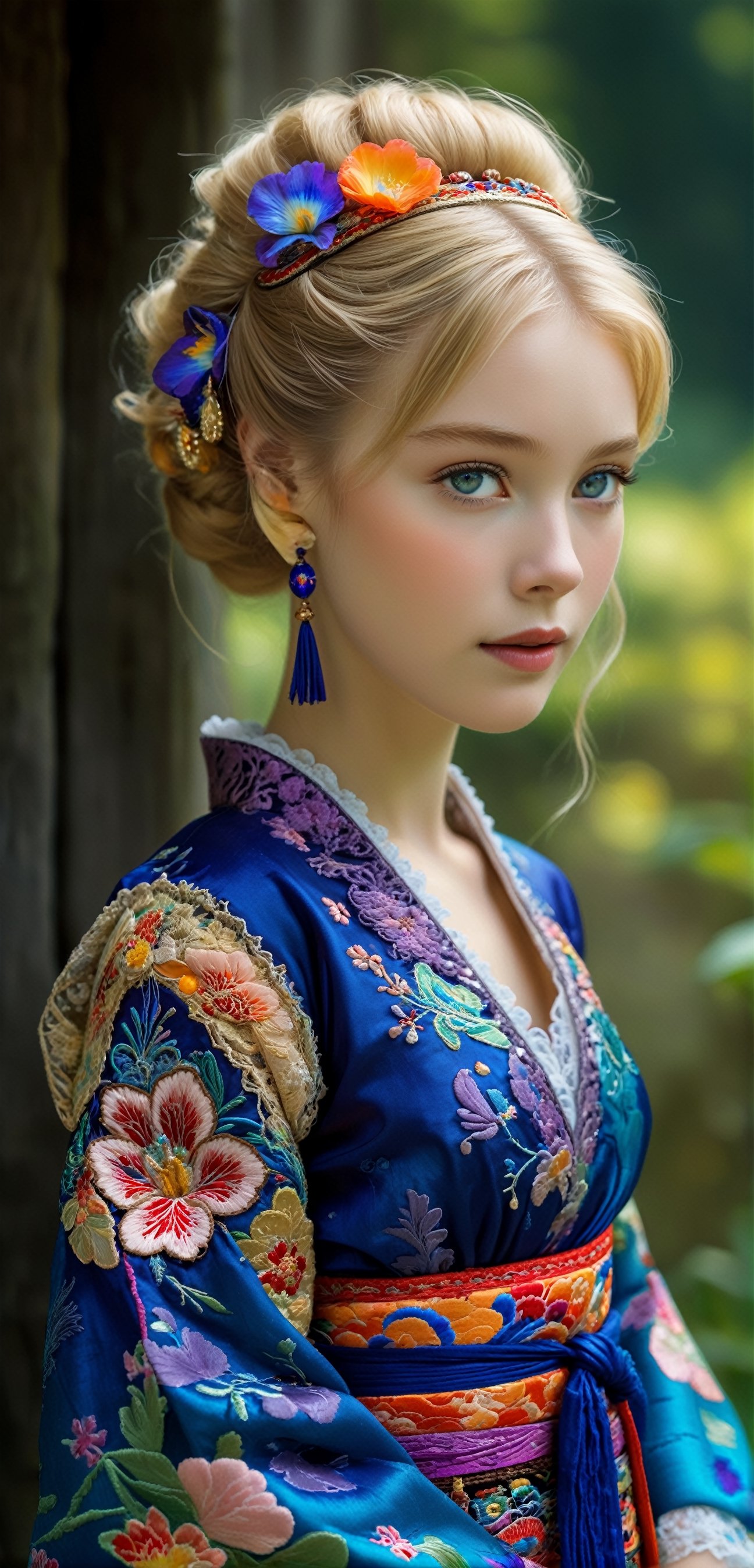 (Beautiful German girl),beautiful blonde hair,beautiful blue iris, wearing a Baroque-style dirndl with vibrant colors, infused with Japanese elements. The dress combines intricate lace and embroidery with colorful kimono-inspired patterns. A wide obi belt cinches her waist, while puffed sleeves and delicate accessories complete the look, showcasing a striking fusion of cultures.,ct-drago