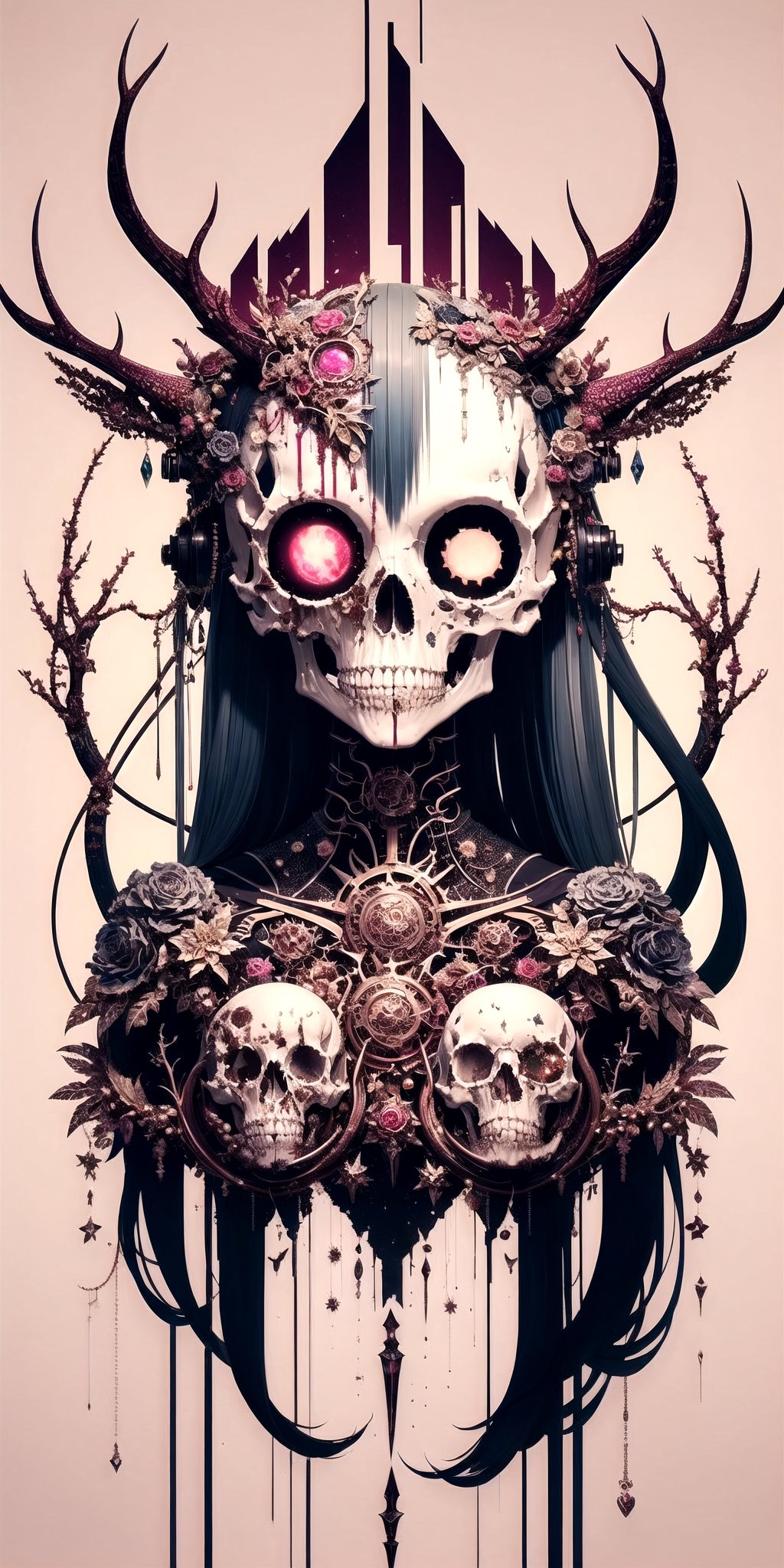 ultra beautiful aesthetic art,pastel art,light coloring,Body fused with machine,Bizarre cyborg artwork,Body in pieces by pieces,shaman Jewelrys,
lot goa,blood,elk Head skull,
necromantic mechanical necro girl,beautiful Face,hanfulolita,skull,Illustration